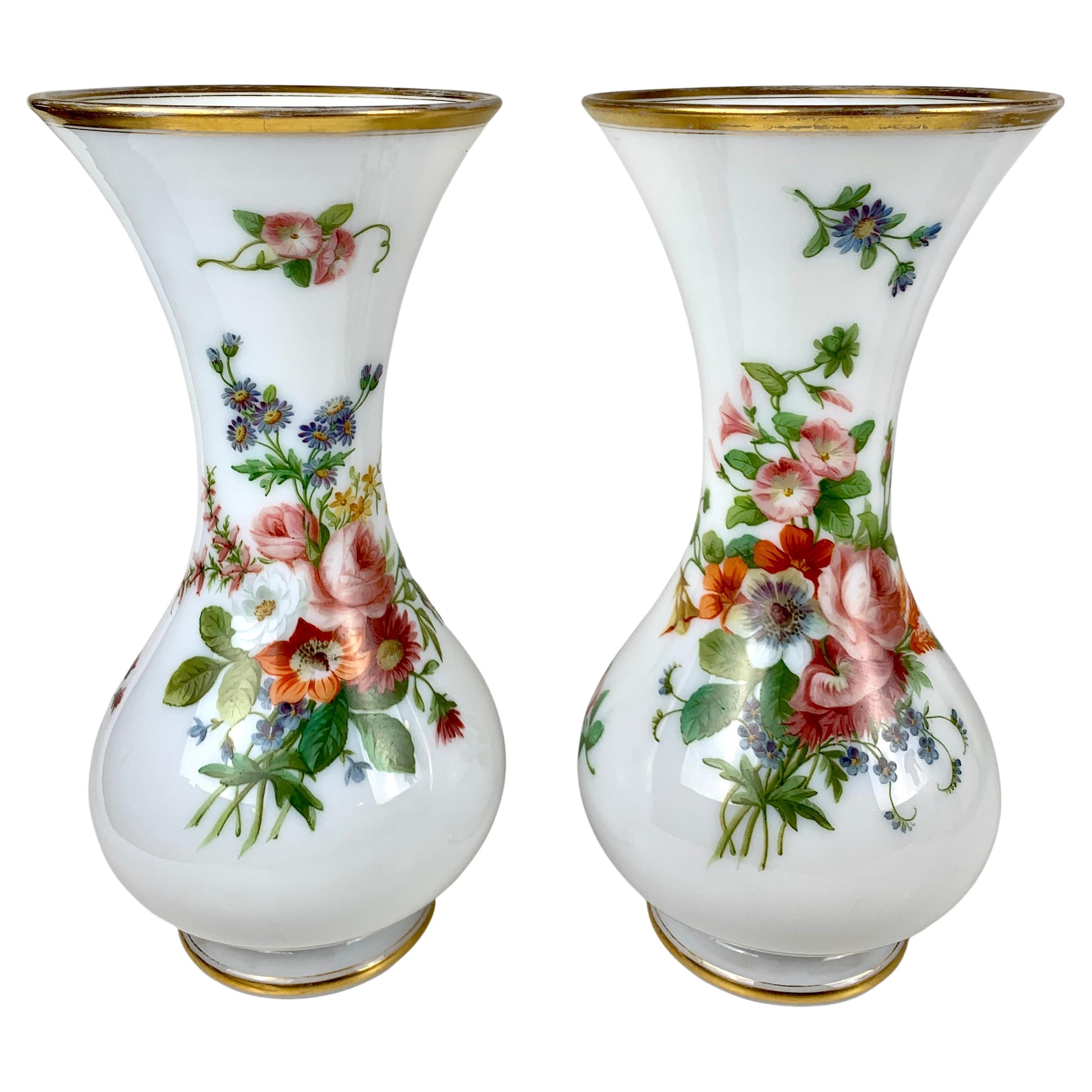 Pair French Vases Opaline Glass Hand Painted, circa 1835 For Sale