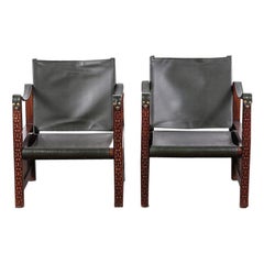 Pair of French Vintage Moorish Style Carved Frame Leather Armchairs