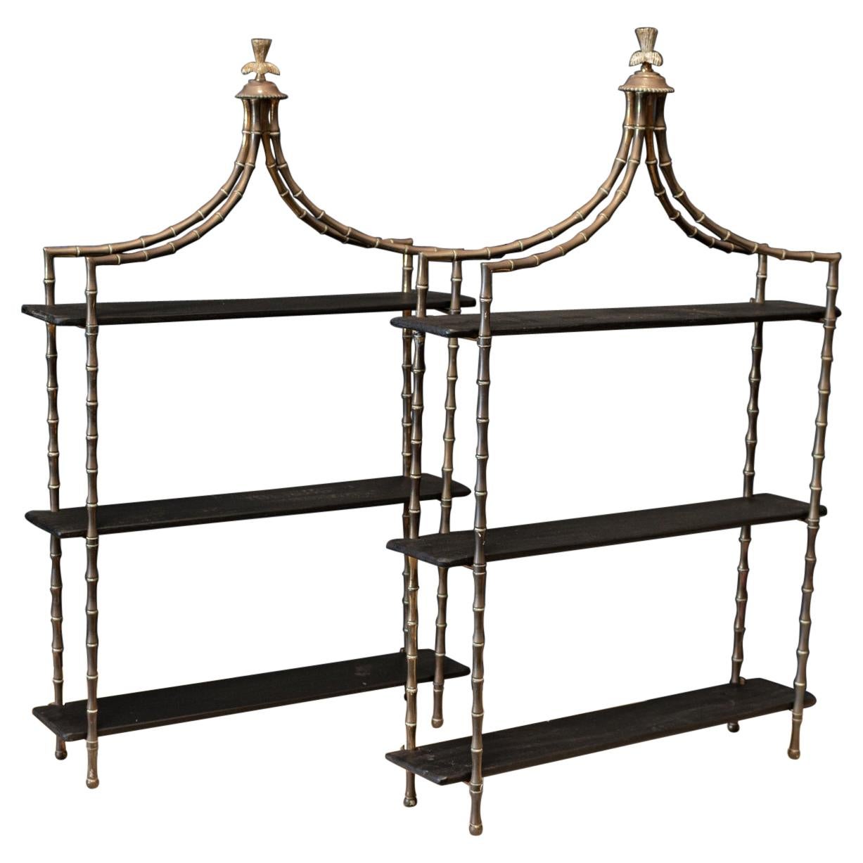Pair French Wall Mounted Faux Bamboo Brass Etageres