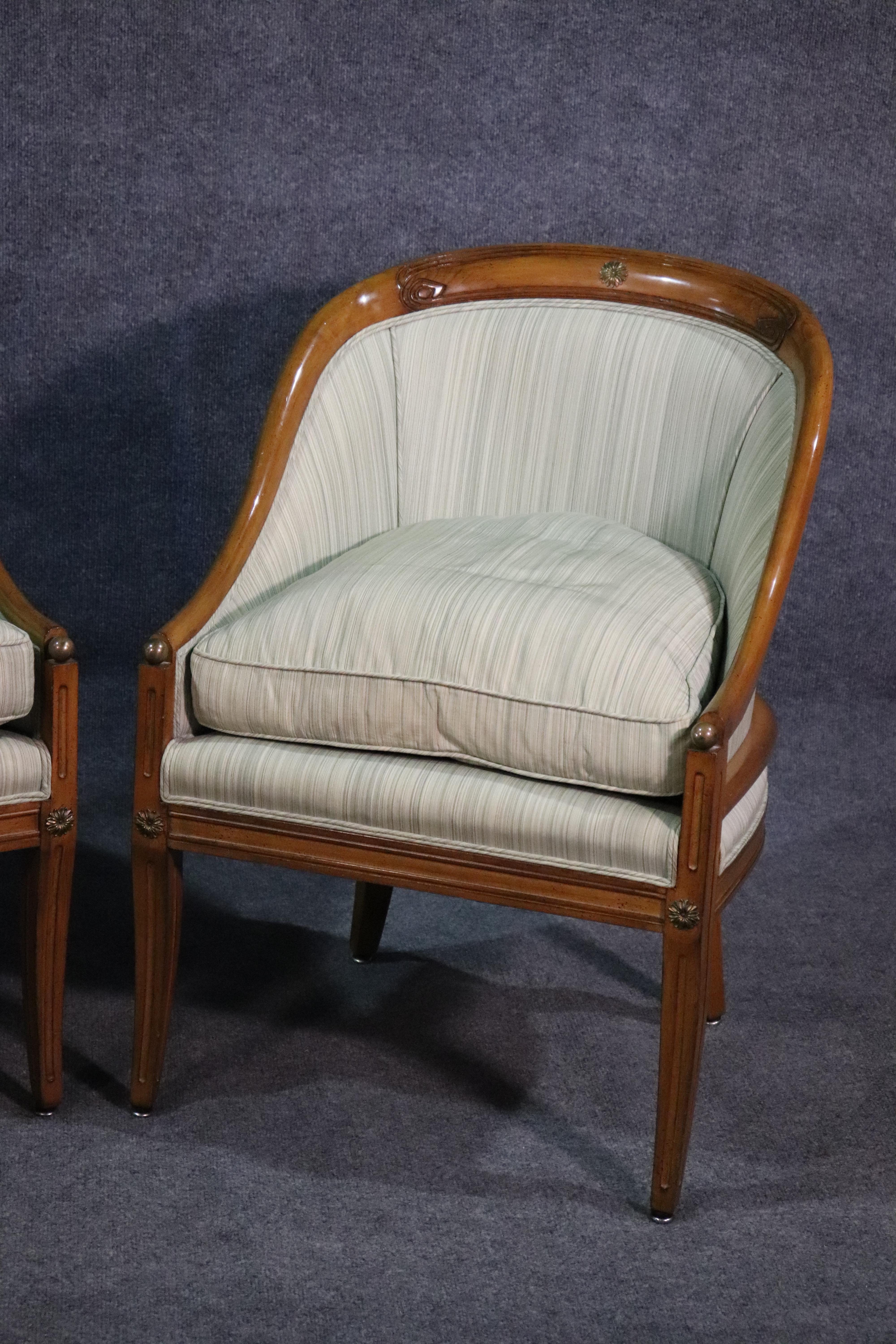 Pair of French Walnut Bronze Mounted Empire Bergère Lounge Chairs, circa 1940s In Good Condition In Swedesboro, NJ
