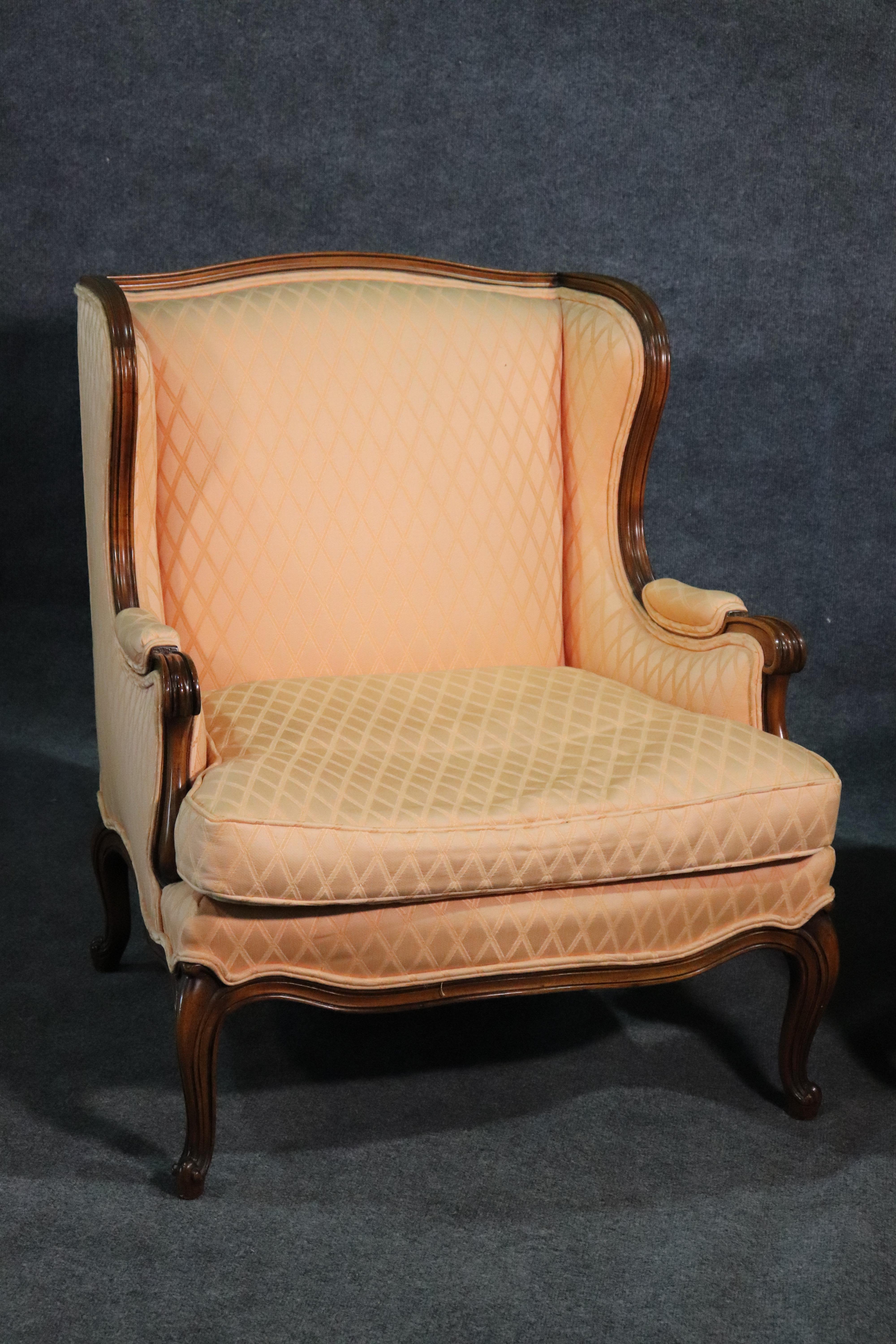 This is a clean pair of French bergere chairs with sophisticated lines. The chairs each measure 35 tall x 30 wide x 33 deep and the seat height is 18 inches.