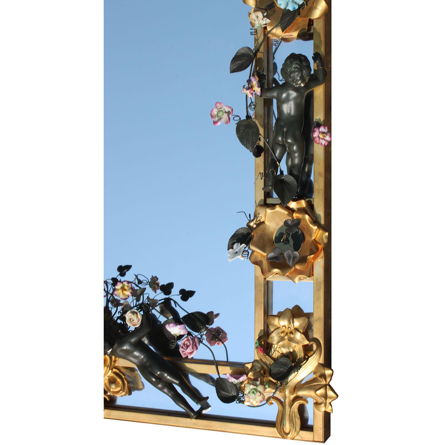 French Whimsical 19th-20th Century Belle Époque Bronze & Porcelain Mirrors, Pair 1