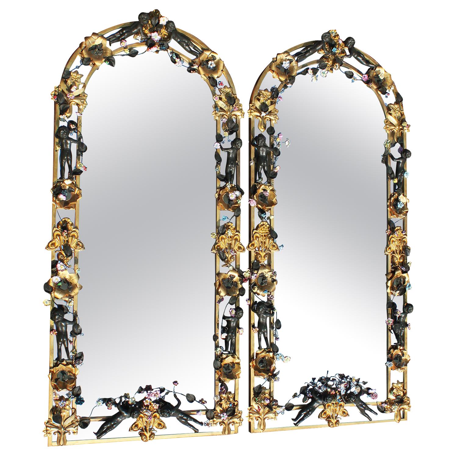French Whimsical 19th-20th Century Belle Époque Bronze & Porcelain Mirrors, Pair