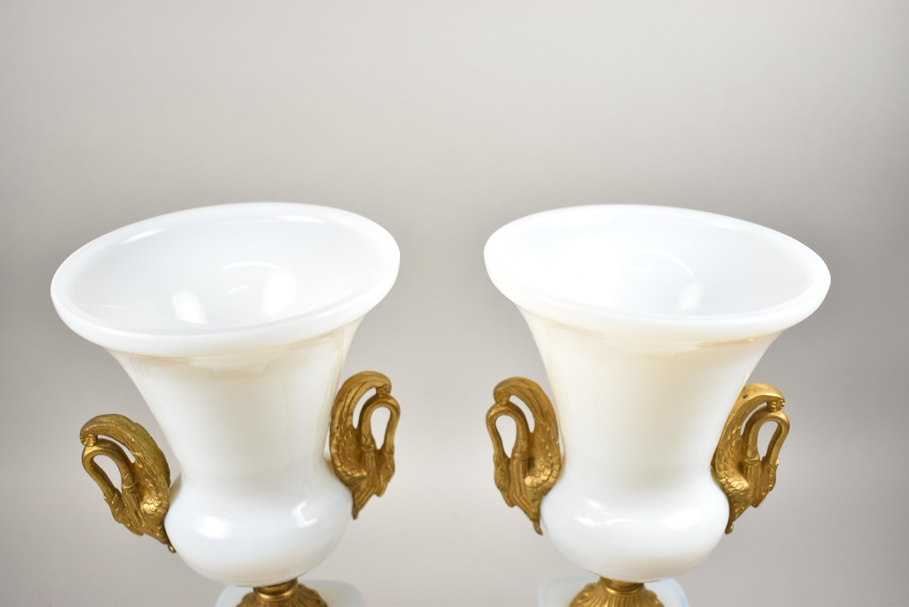 European Pair of French White Opaline Glass Campana Shape Vases Bronze Swan Handles
