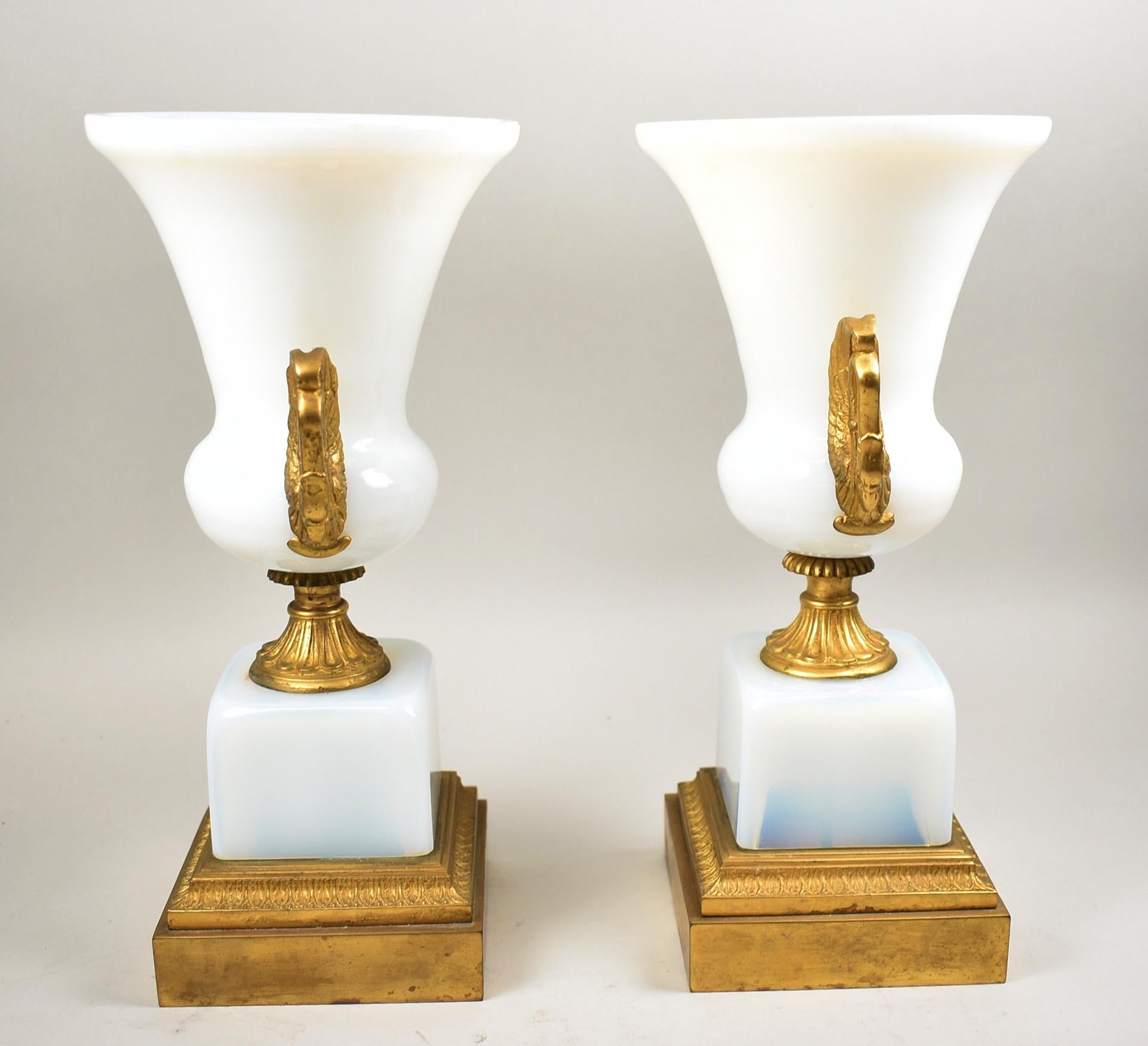 Pair of French White Opaline Glass Campana Shape Vases Bronze Swan Handles In Good Condition In Toledo, OH