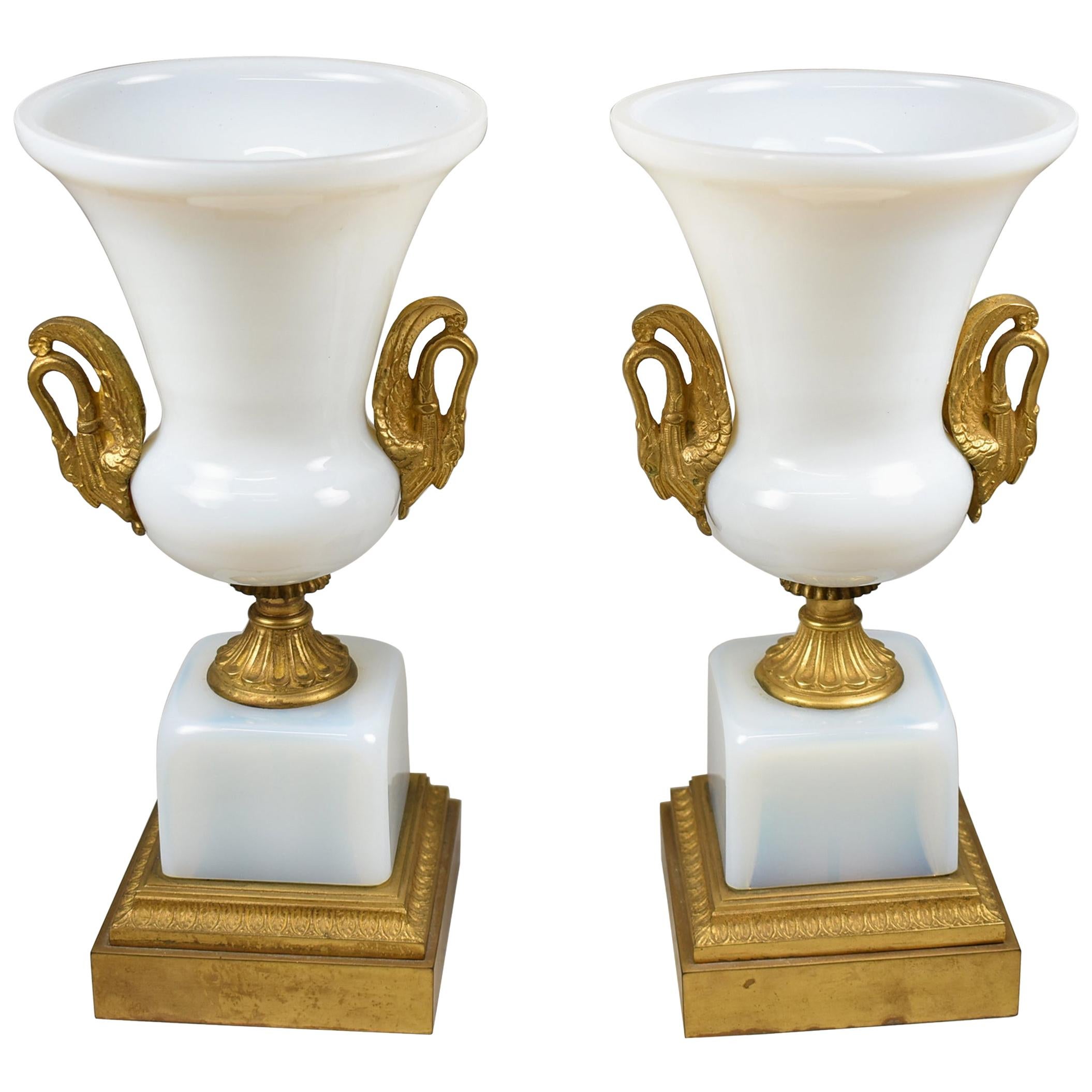 Pair of French White Opaline Glass Campana Shape Vases Bronze Swan Handles