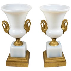 Pair of French White Opaline Glass Campana Shape Vases Bronze Swan Handles