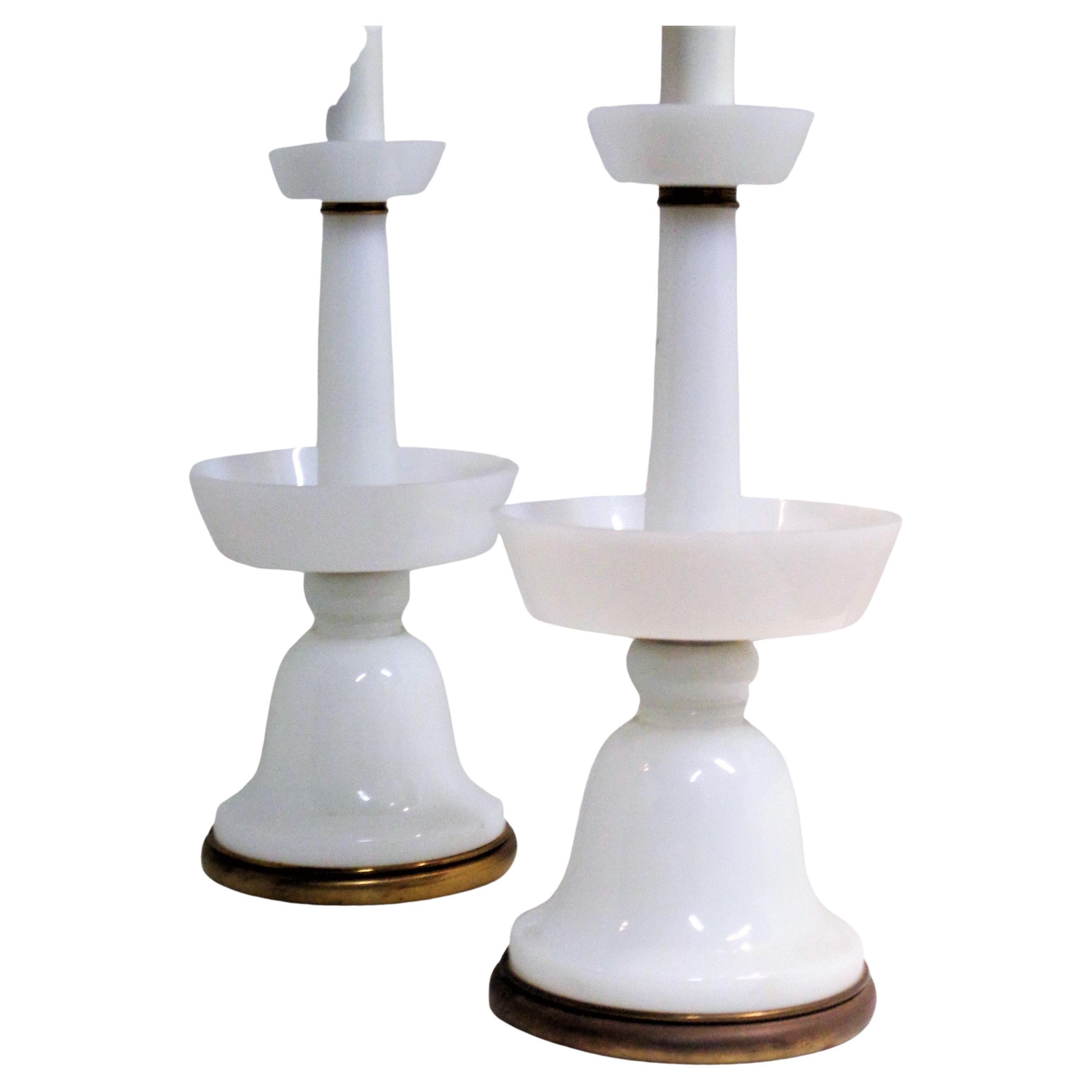 French white opaline glass fountain form table lamps w/ brass fittings and white enameled metal upper rods. Original vintage condition. Circa 1930. 38