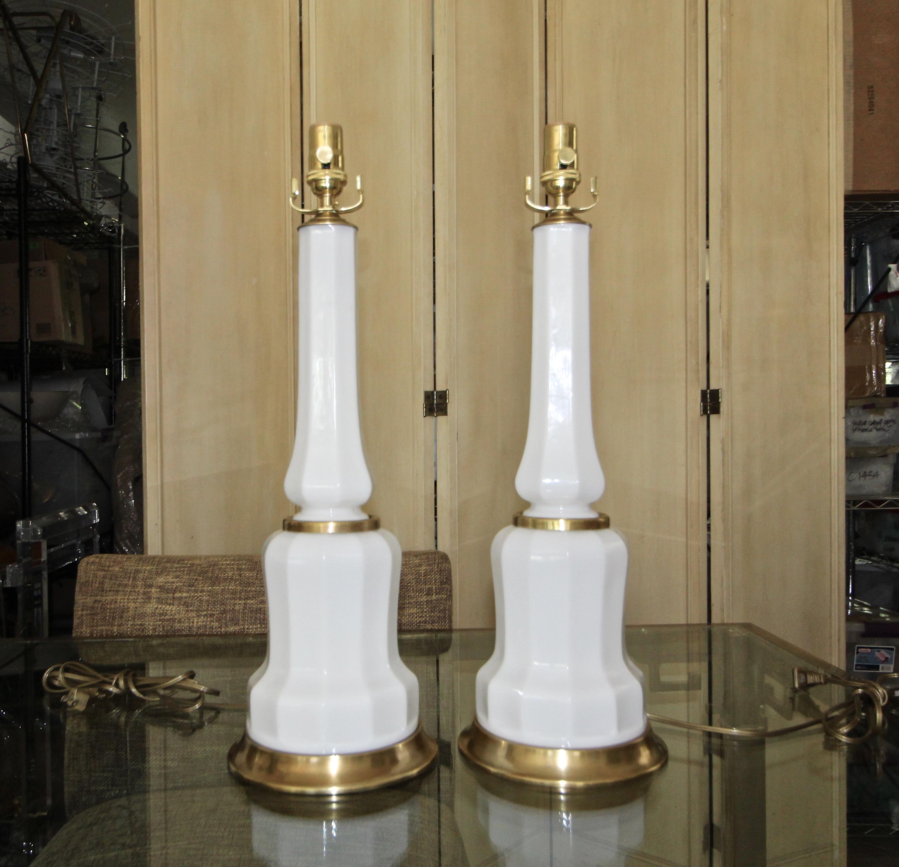 Mid-20th Century Pair of French White Opaline Table Lamps