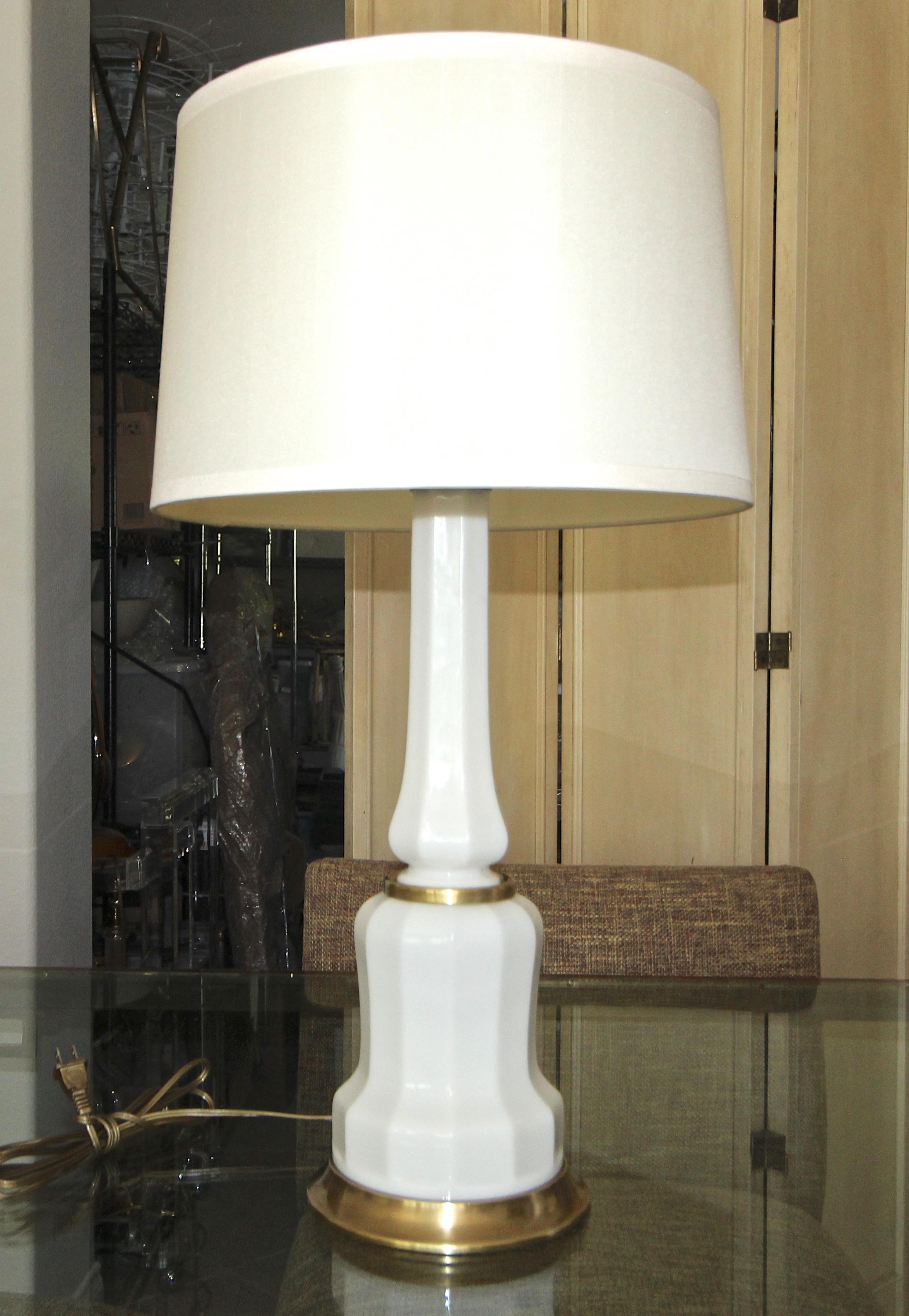 Brass Pair of French White Opaline Table Lamps