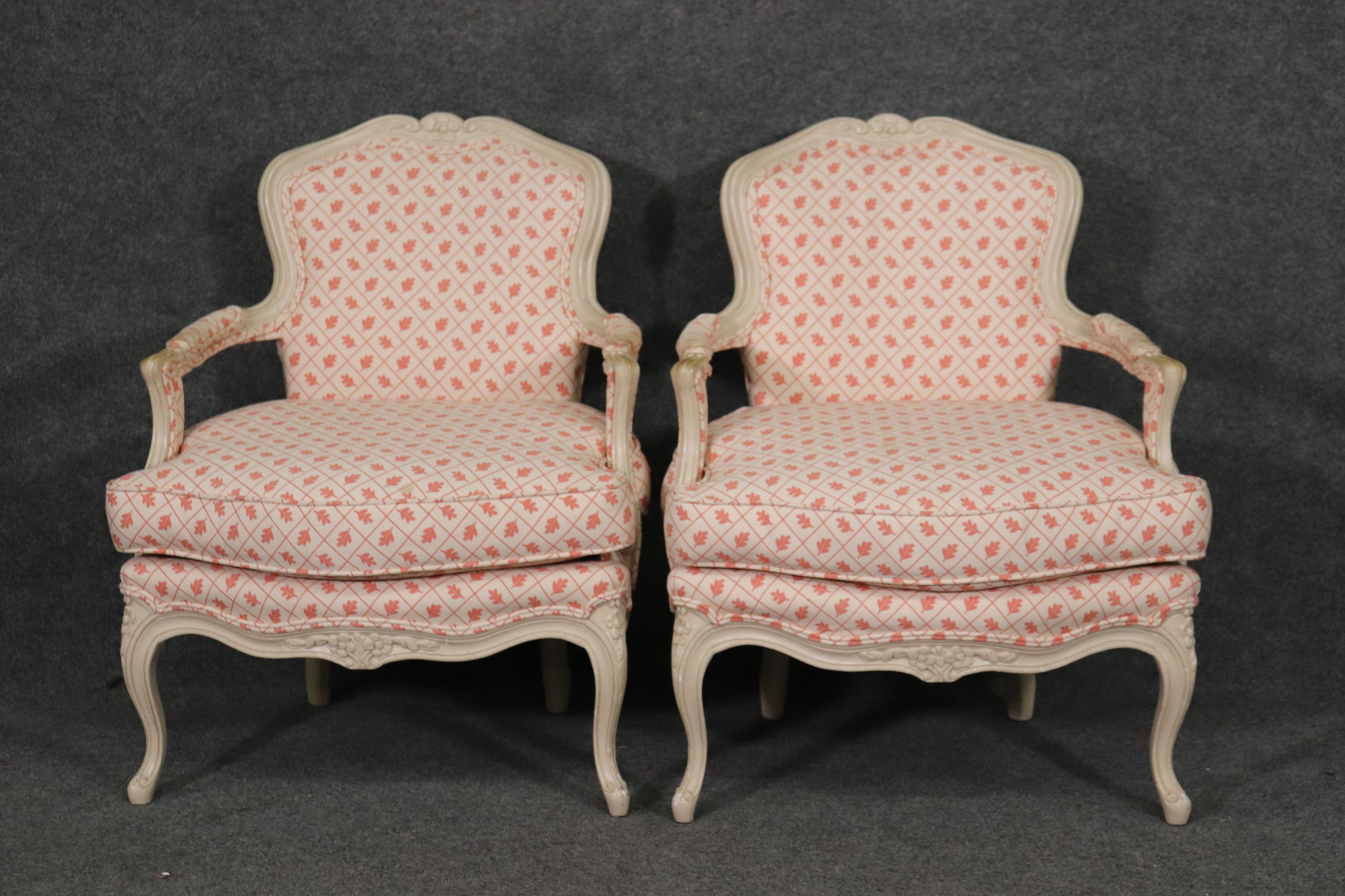 Unknown Pair French White Paint Decorated Carved Louis XV Bergere Armchairs Circa 1940s For Sale