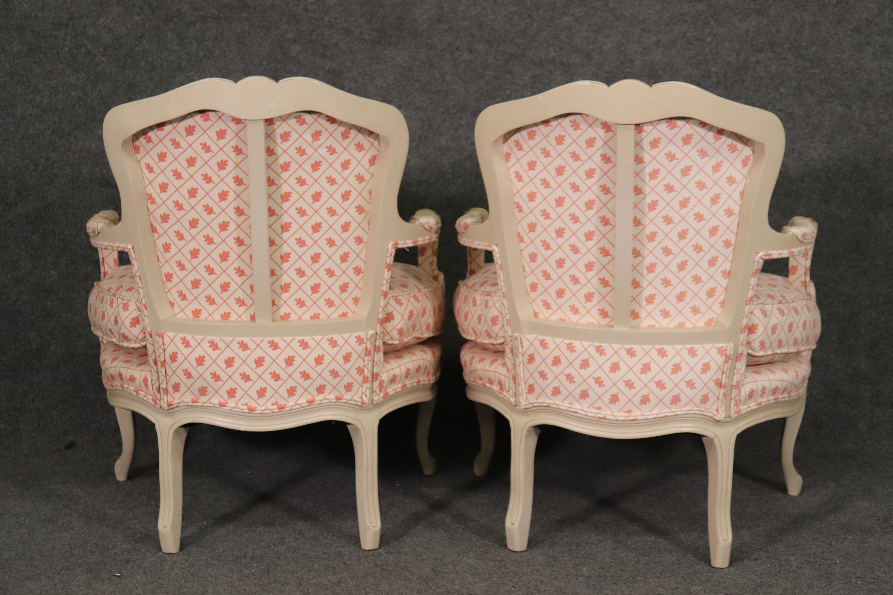Mid-20th Century Pair French White Paint Decorated Carved Louis XV Bergere Armchairs Circa 1940s For Sale