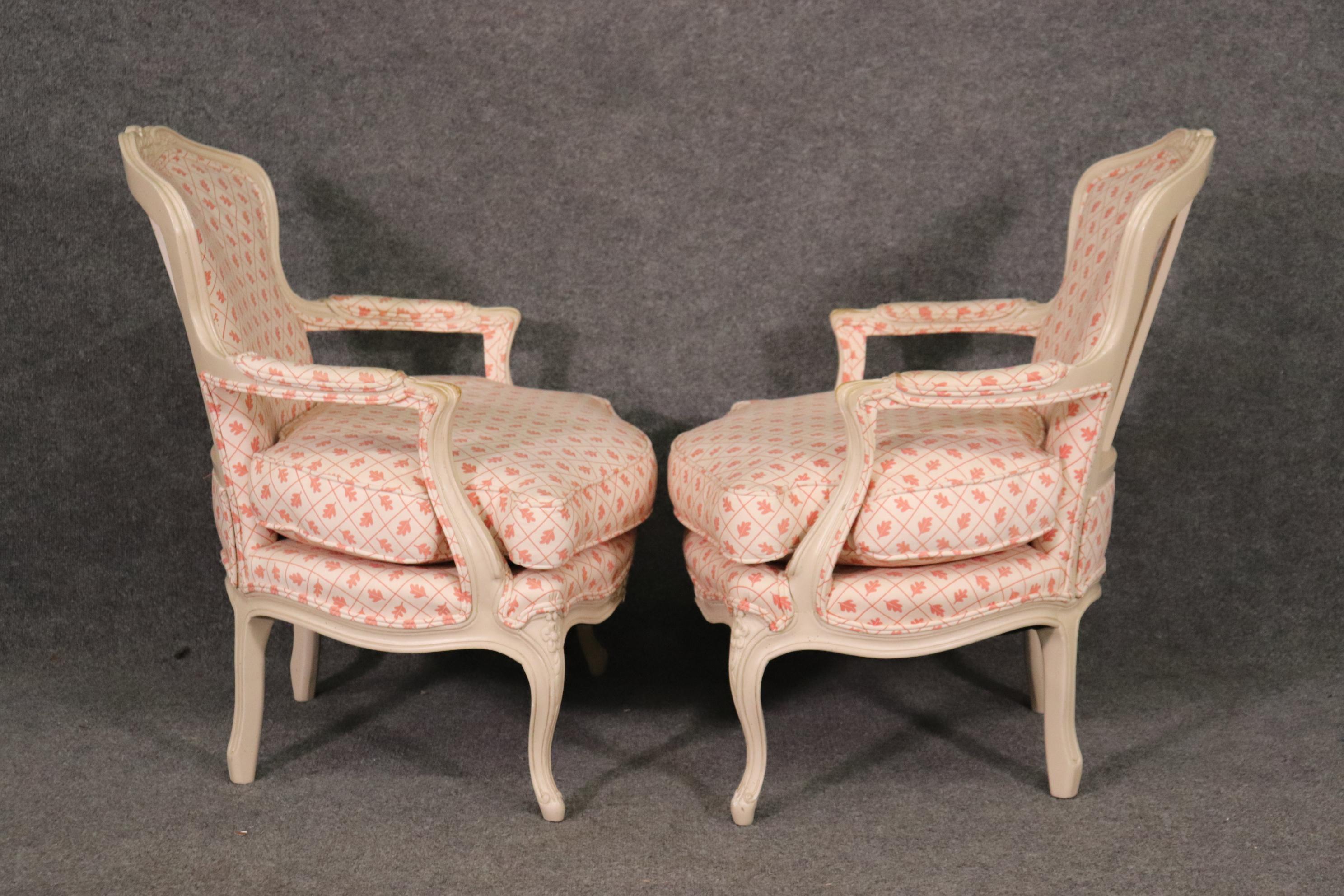 Walnut Pair French White Paint Decorated Carved Louis XV Bergere Armchairs Circa 1940s For Sale