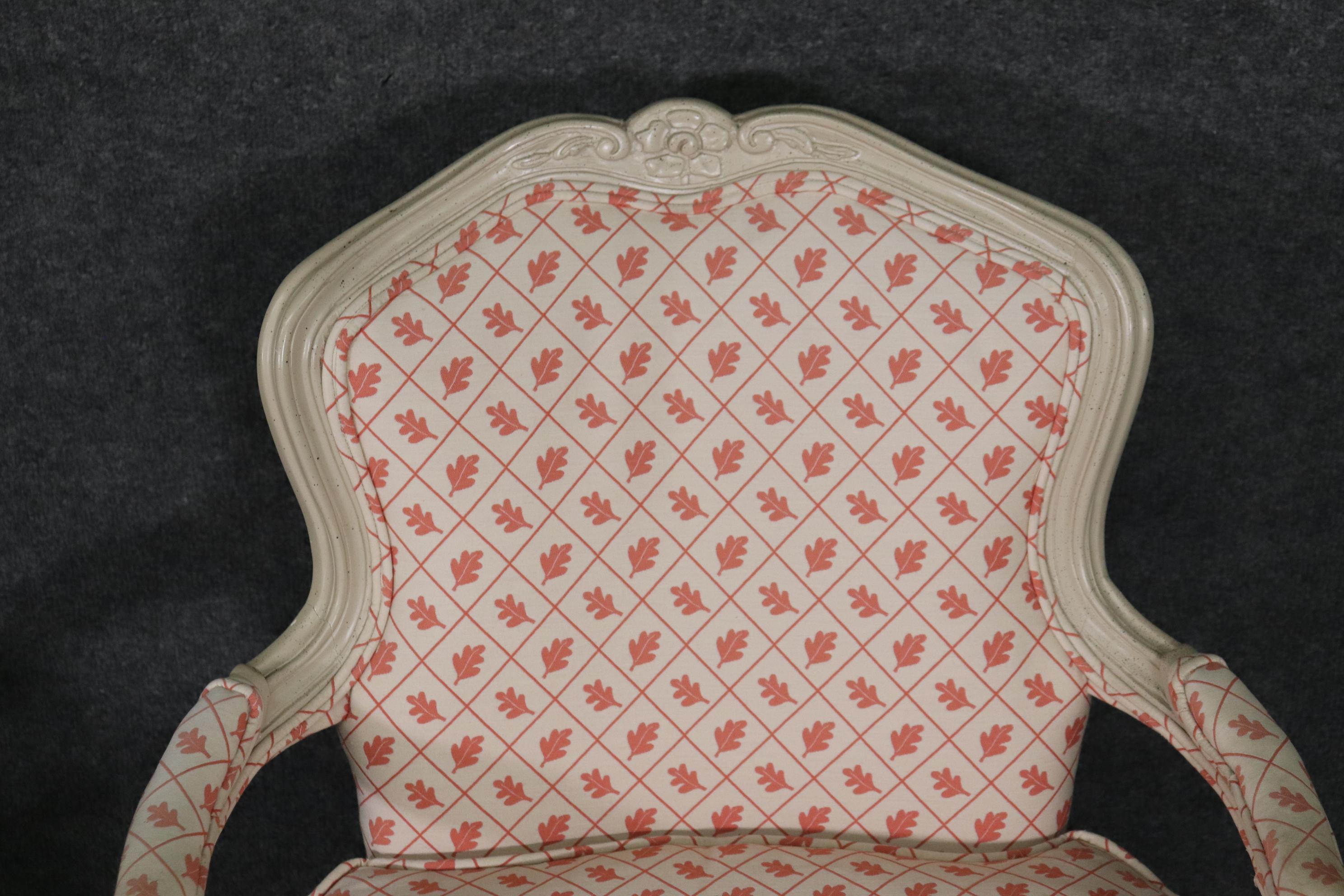 Pair French White Paint Decorated Carved Louis XV Bergere Armchairs Circa 1940s For Sale 1