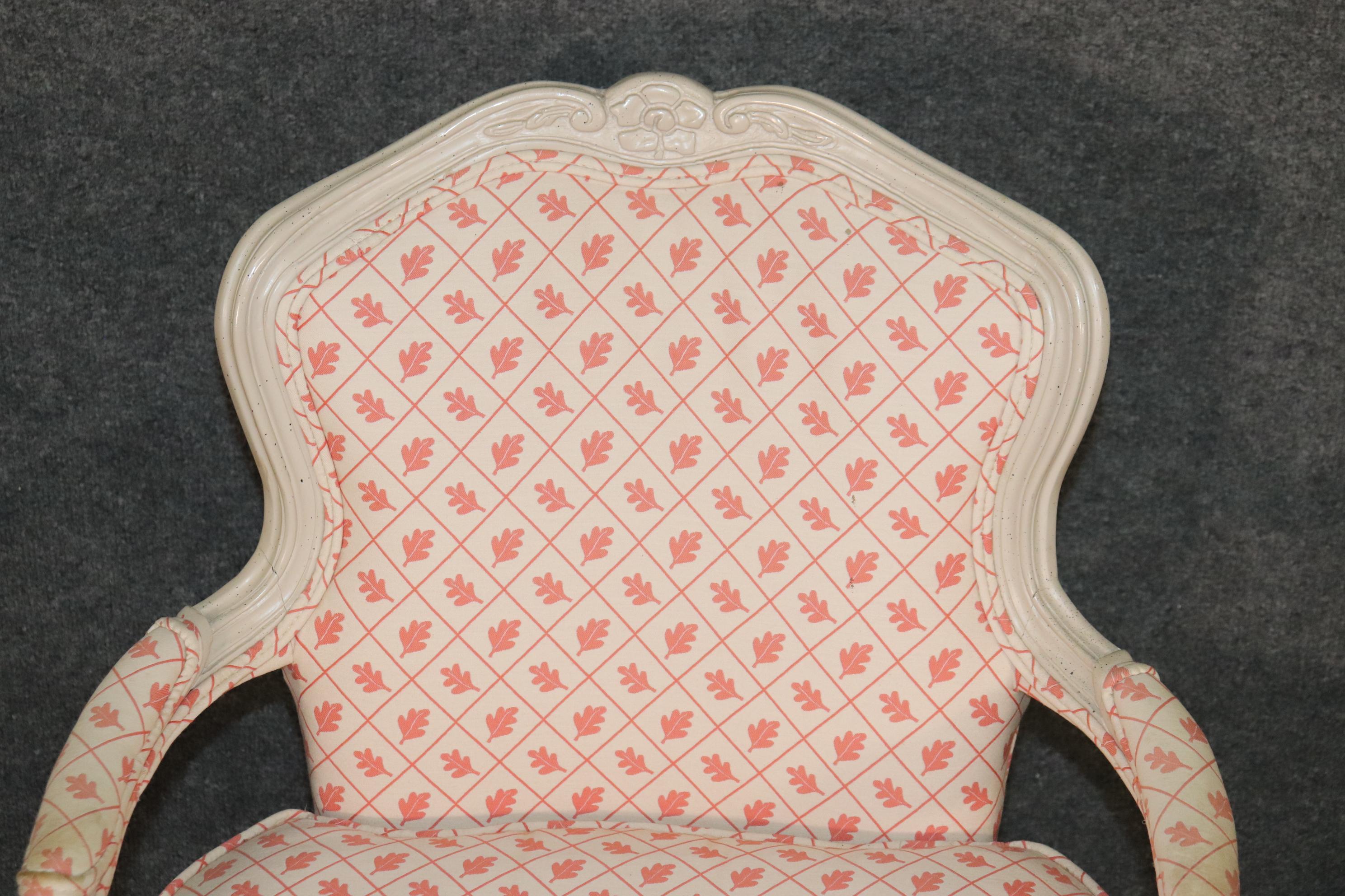 Pair French White Paint Decorated Carved Louis XV Bergere Armchairs Circa 1940s For Sale 3