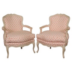 Pair French White Paint Decorated Carved Louis XV Bergere Armchairs Circa 1940s