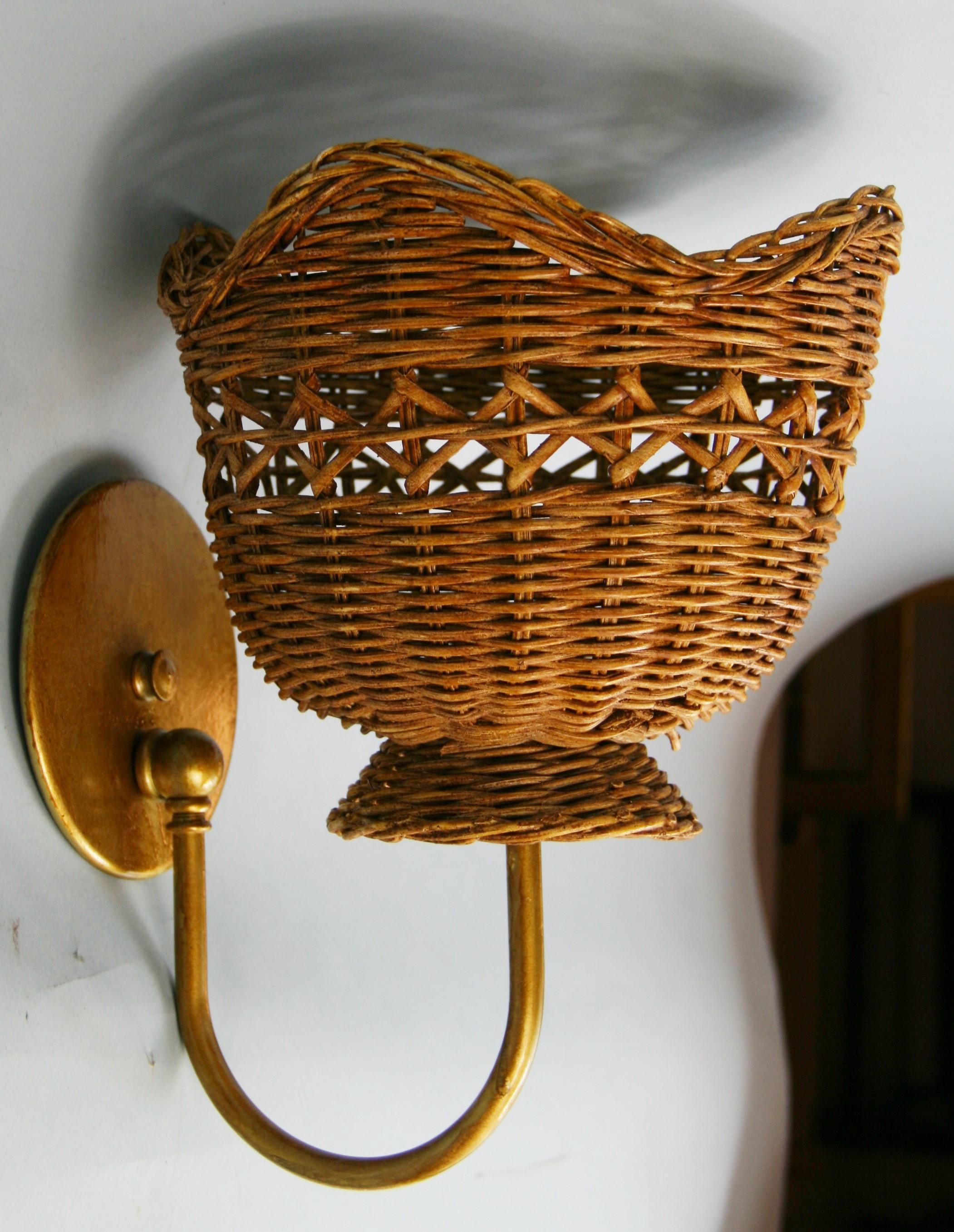 Pair of French Wicker and Brass Sconces 1
