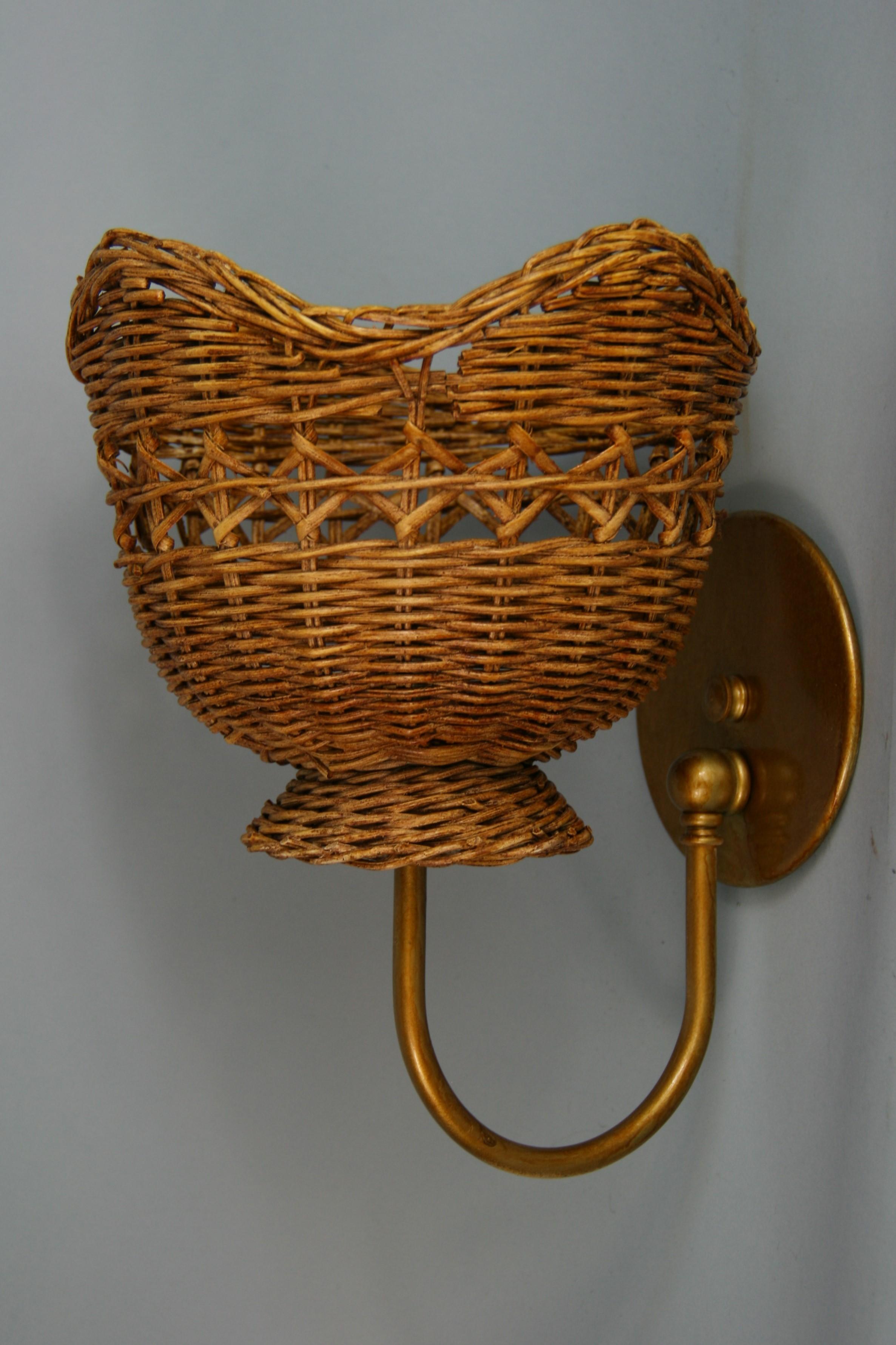 Pair of French Wicker and Brass Sconces 2