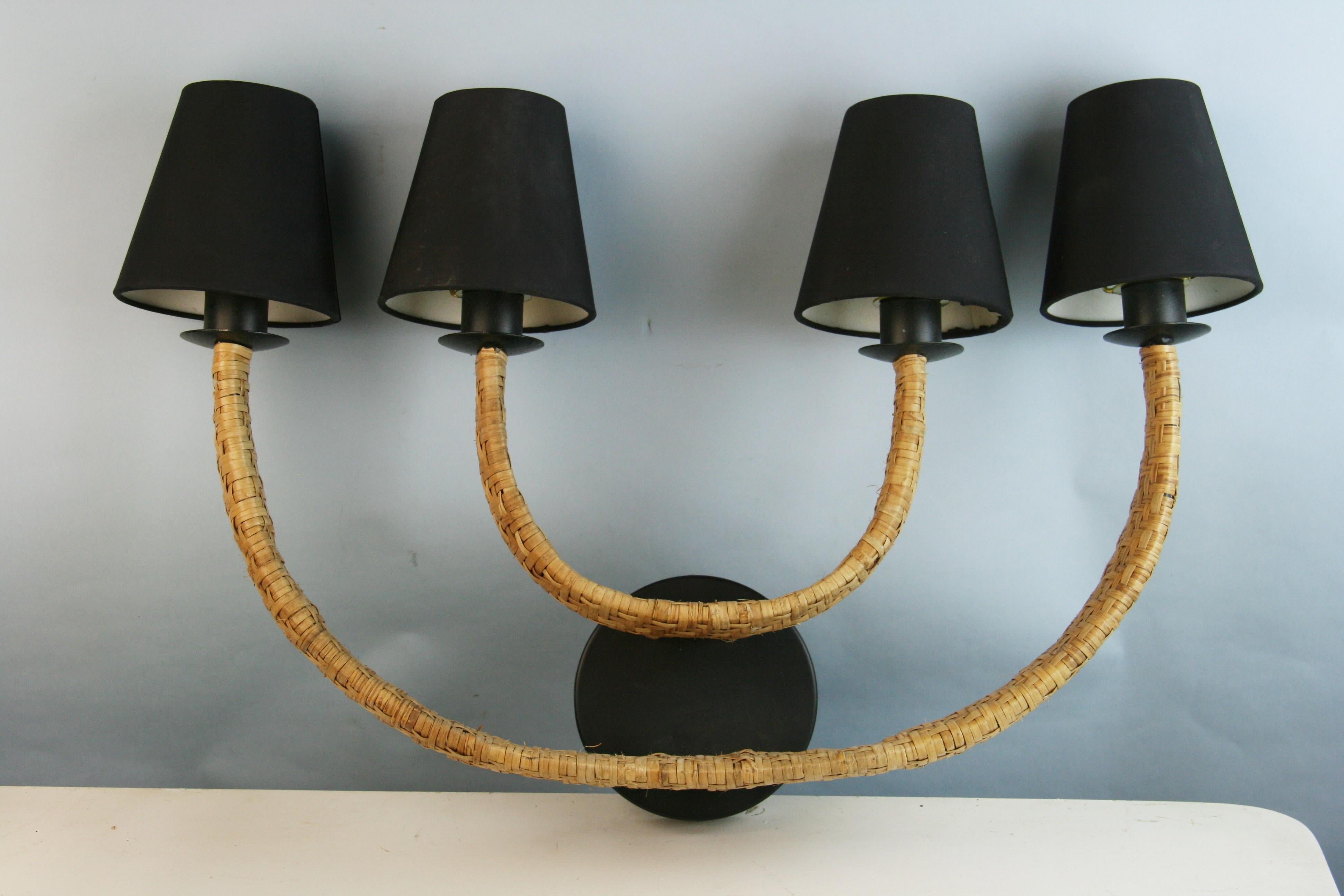 3-1096 Pair 4 light French metal and wicker sconces with black shades
Takes 40 watt candelabra based bulbs 
Rewired.