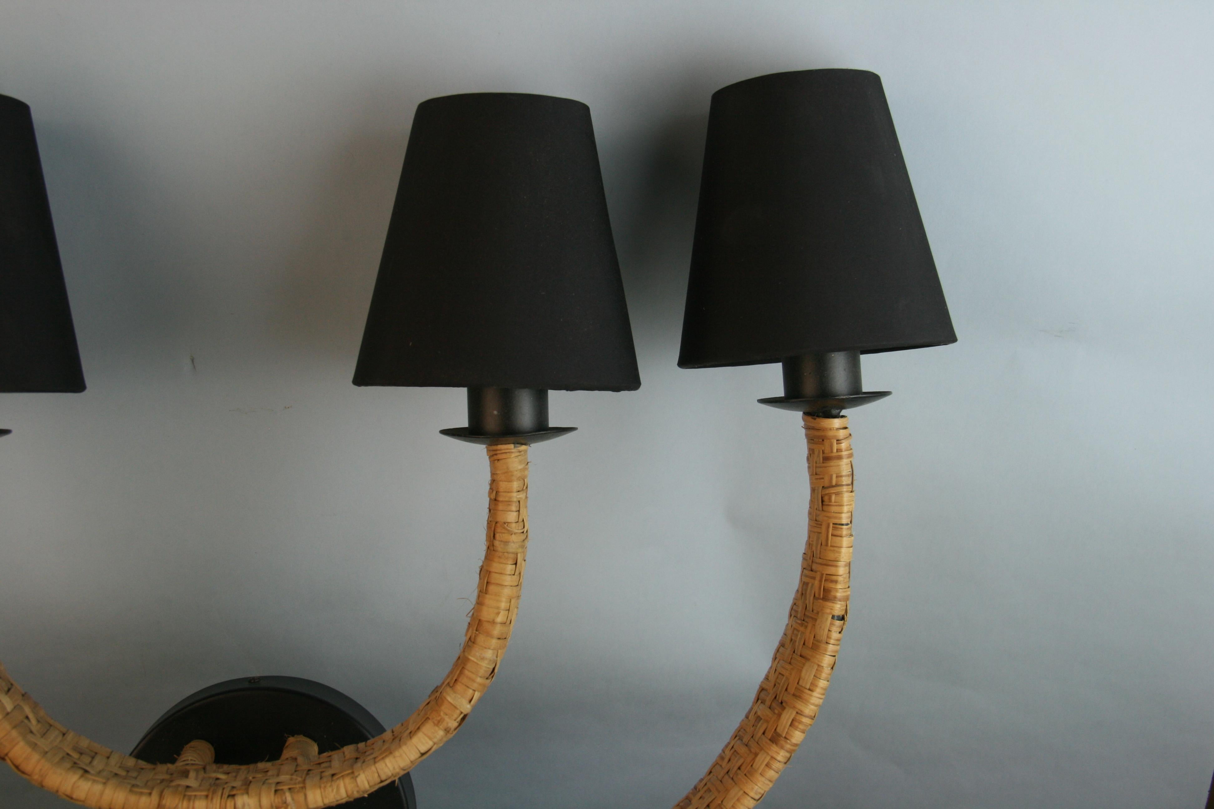 Pair French Wicker and Metal Four Light Sconces 1980's In Good Condition In Douglas Manor, NY