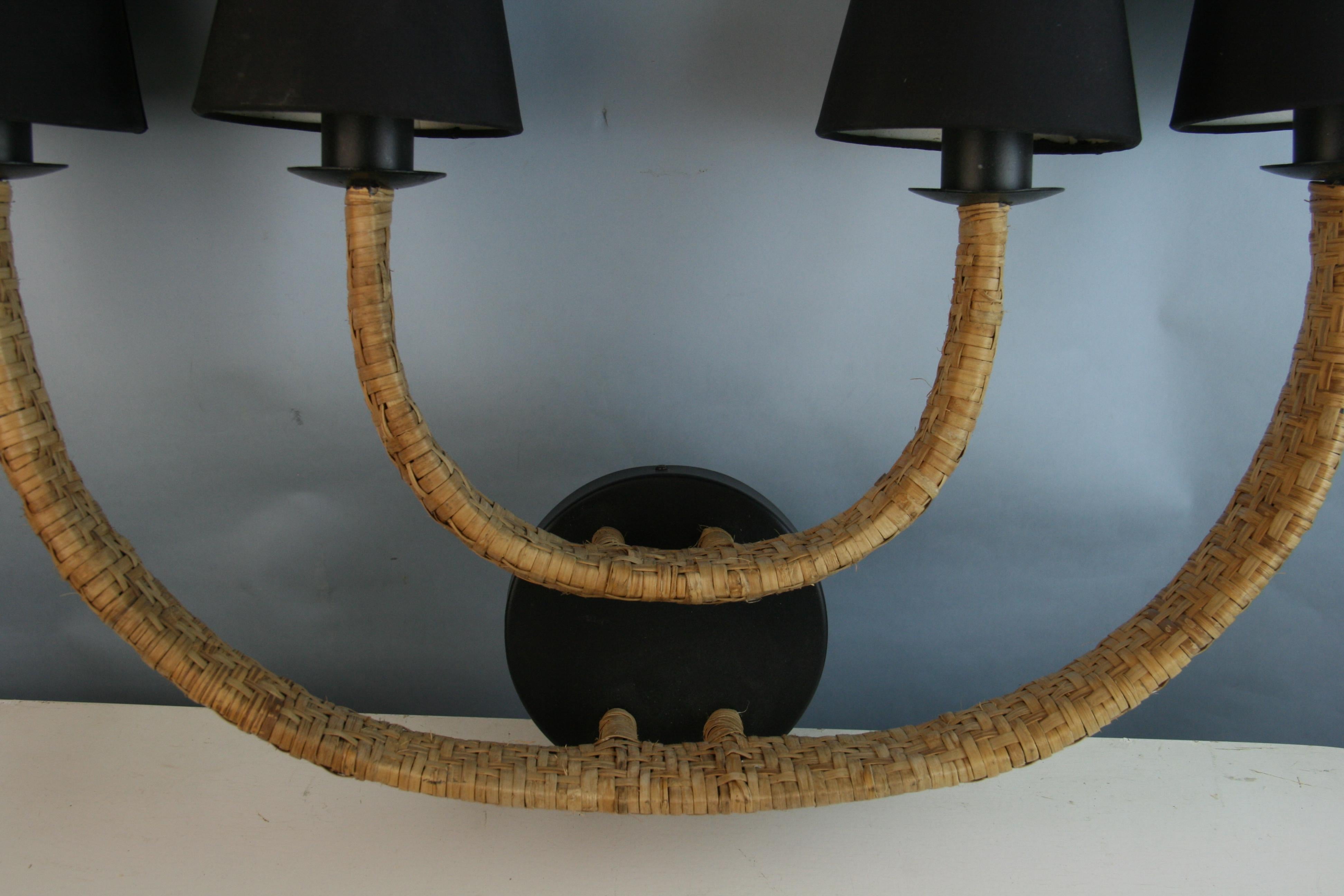 Late 20th Century Pair French Wicker and Metal Four Light Sconces 1980's