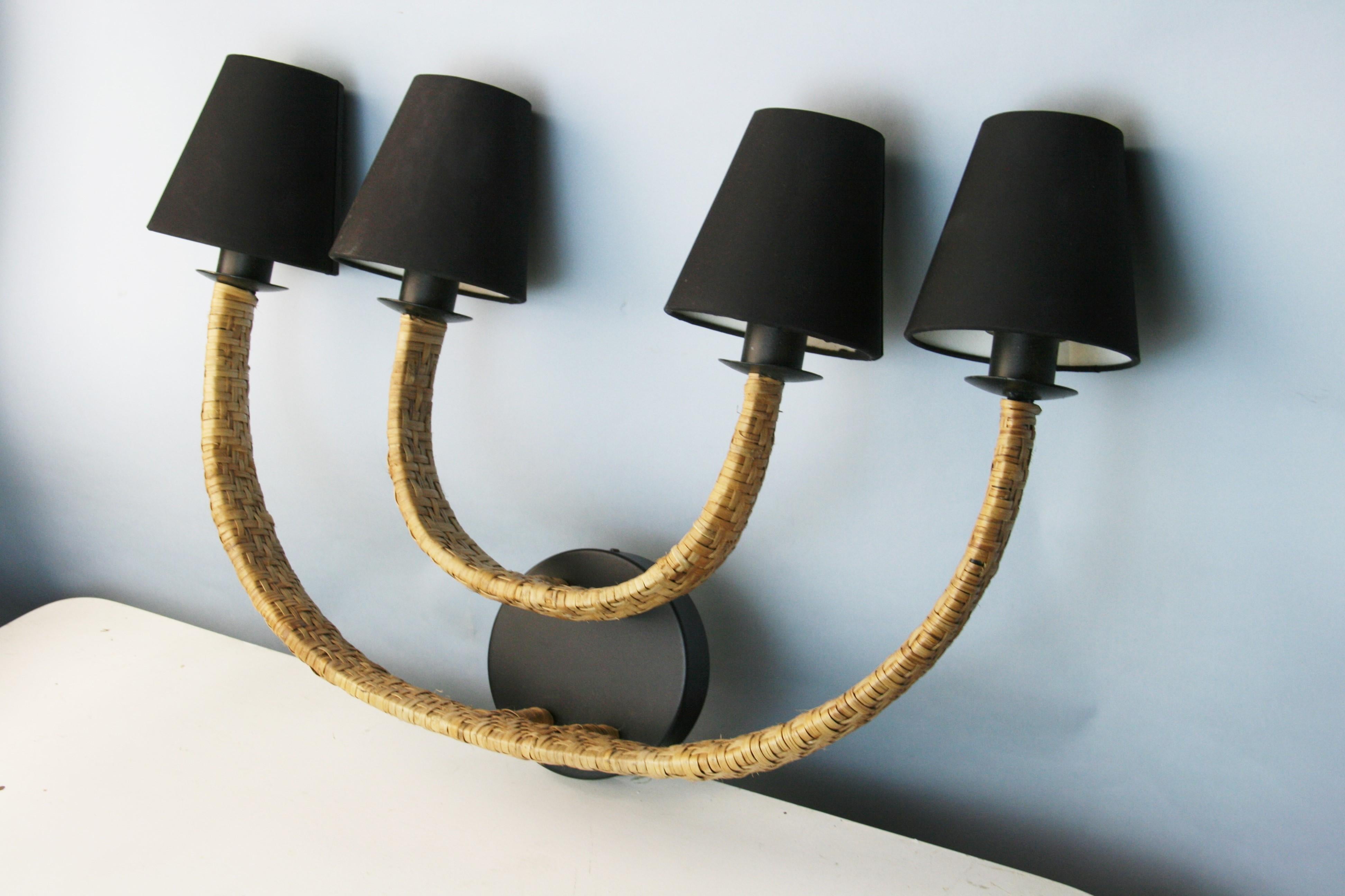 Pair French Wicker and Metal Four Light Sconces 1980's 1