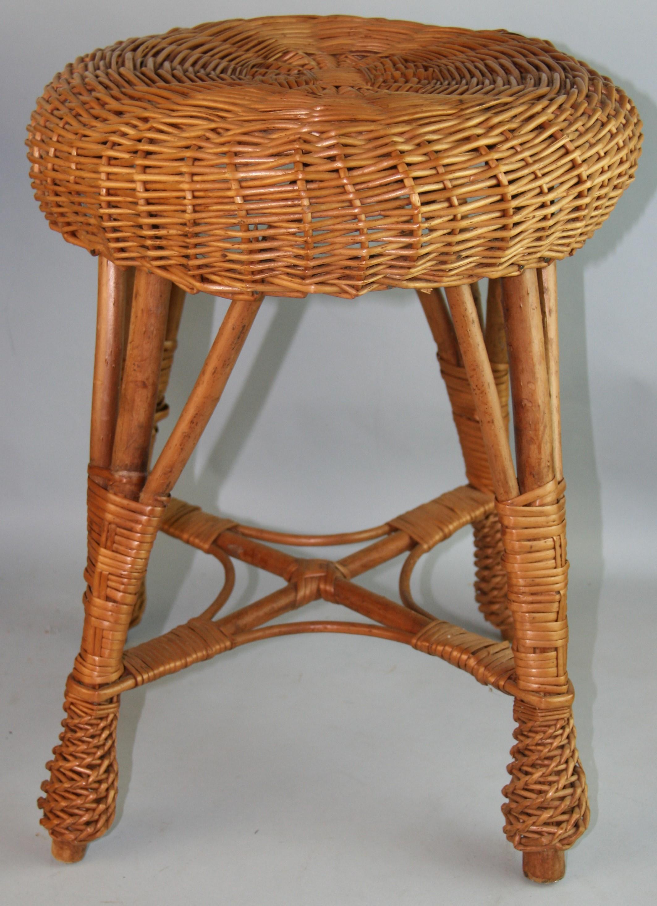 Pair French Wicker Stools/Tables In Good Condition For Sale In Douglas Manor, NY