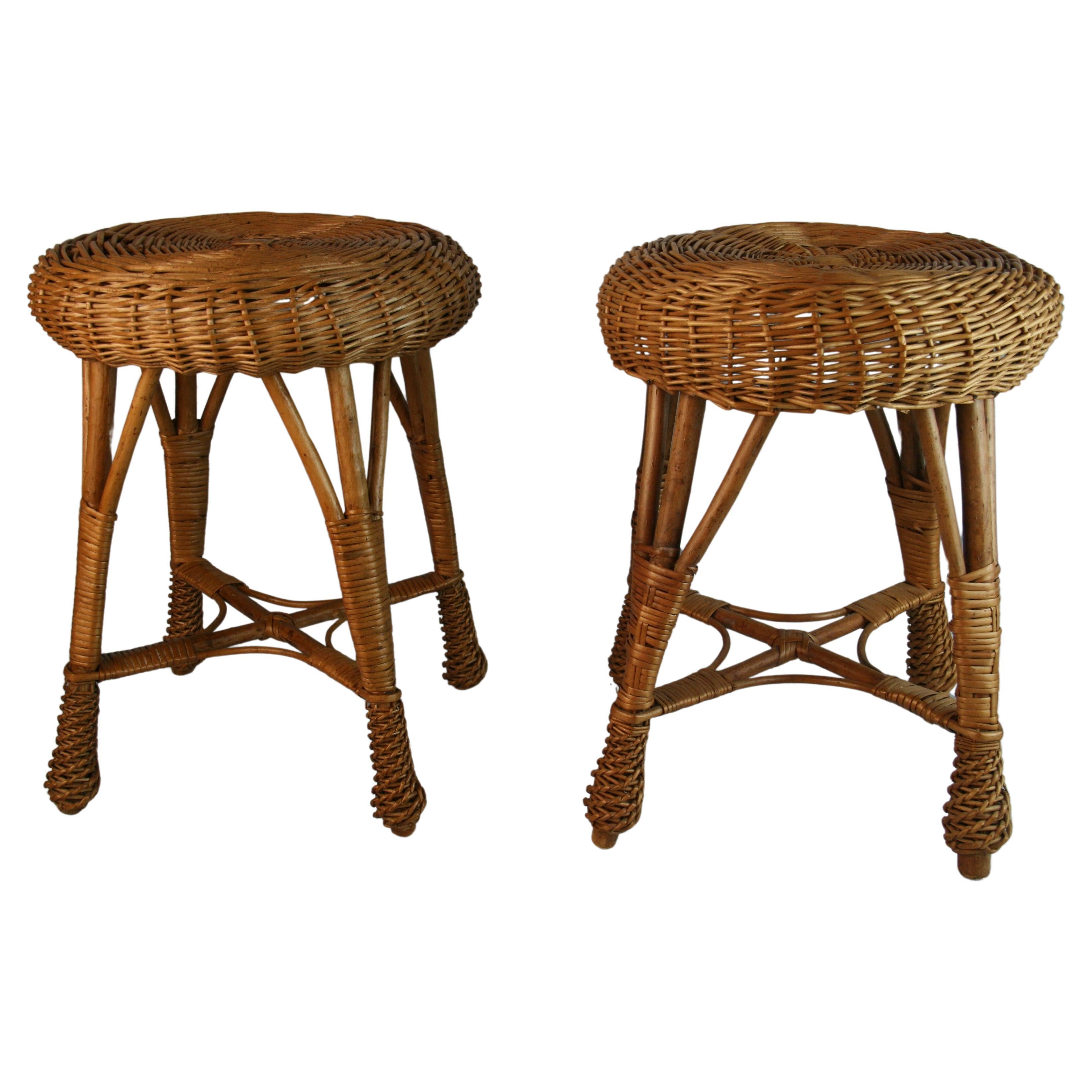 Pair French Wicker Stools/Tables For Sale