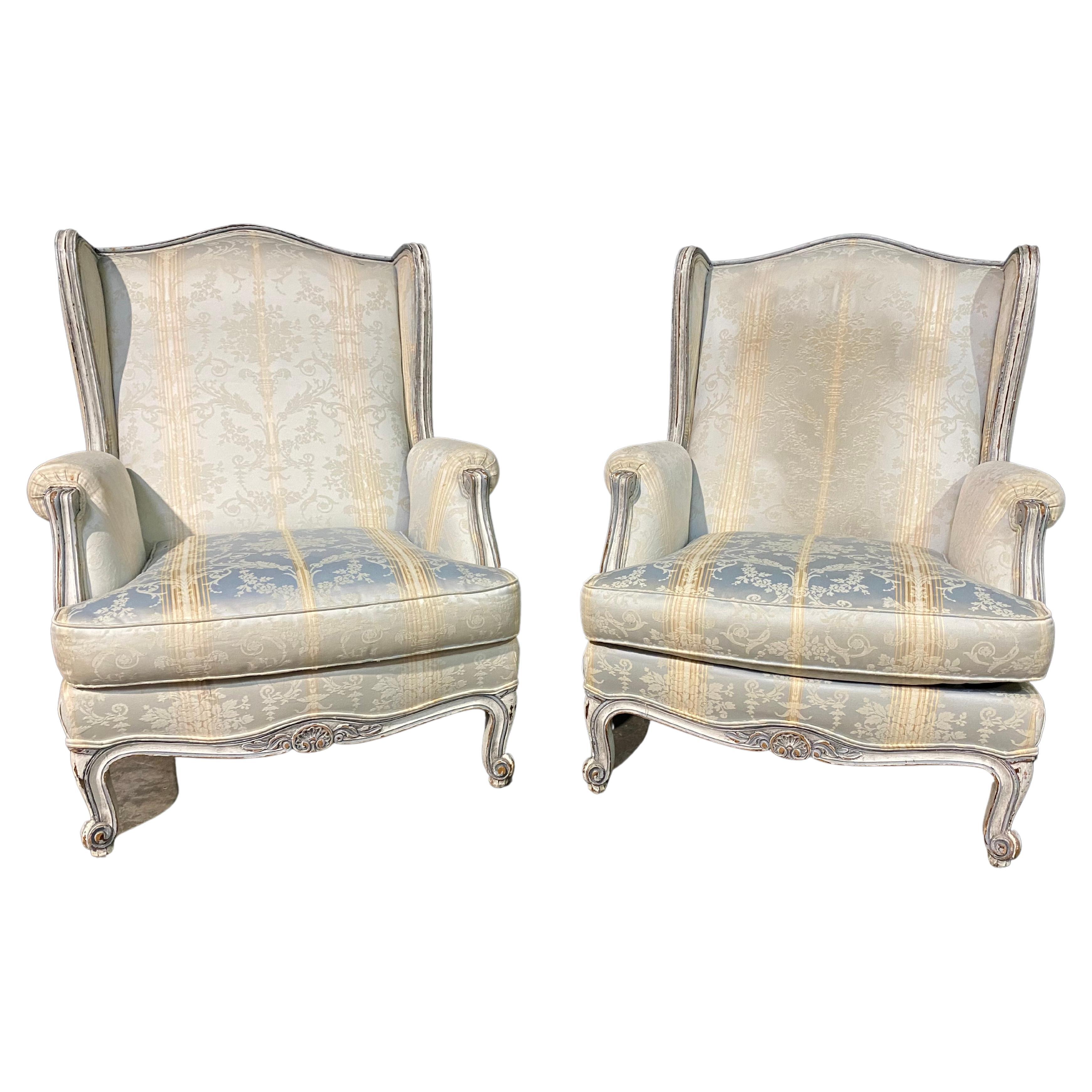 Pair of French Louis XV Style Wingback Bergere Chairs at 1stDibs
