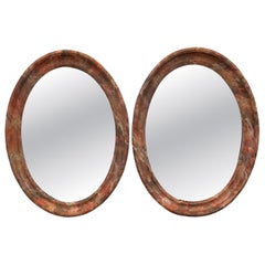 Pair French Wood Carved Oval Faux Marble Mirrors