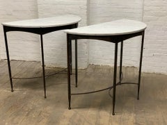 Pair of French Wrought Iron and Carrara Marble-Top Demilune Tables