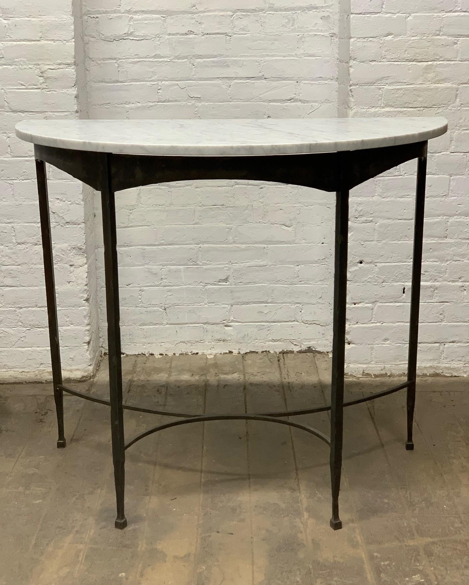 Pair of French Wrought Iron and Carrara Marble-Top Demilune Tables In Good Condition In New York, NY