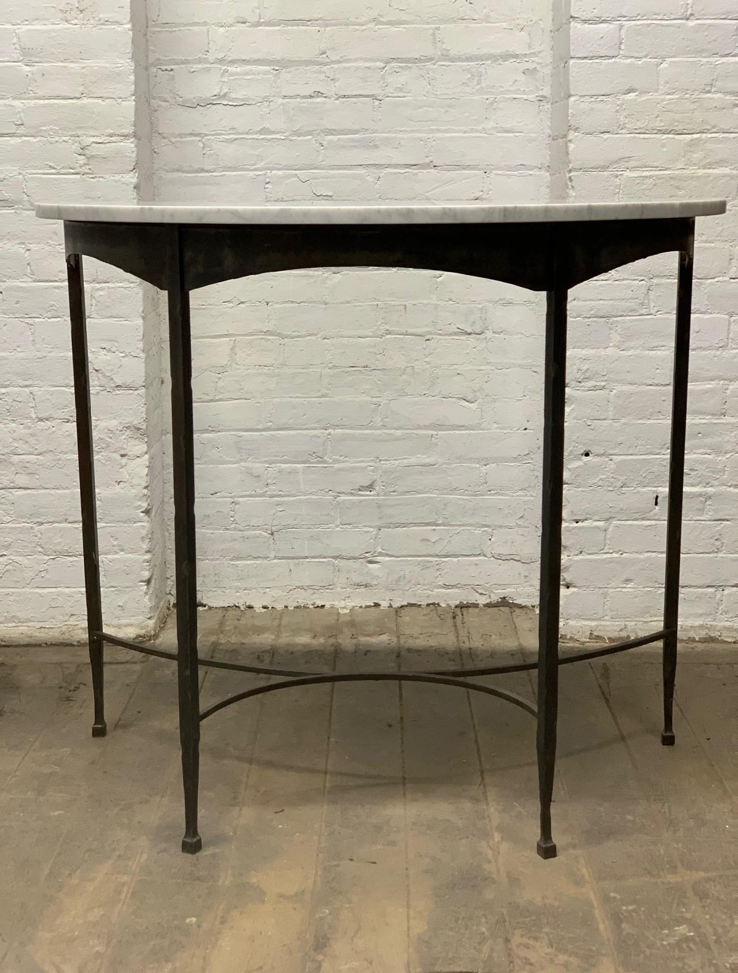 Mid-20th Century Pair of French Wrought Iron and Carrara Marble-Top Demilune Tables