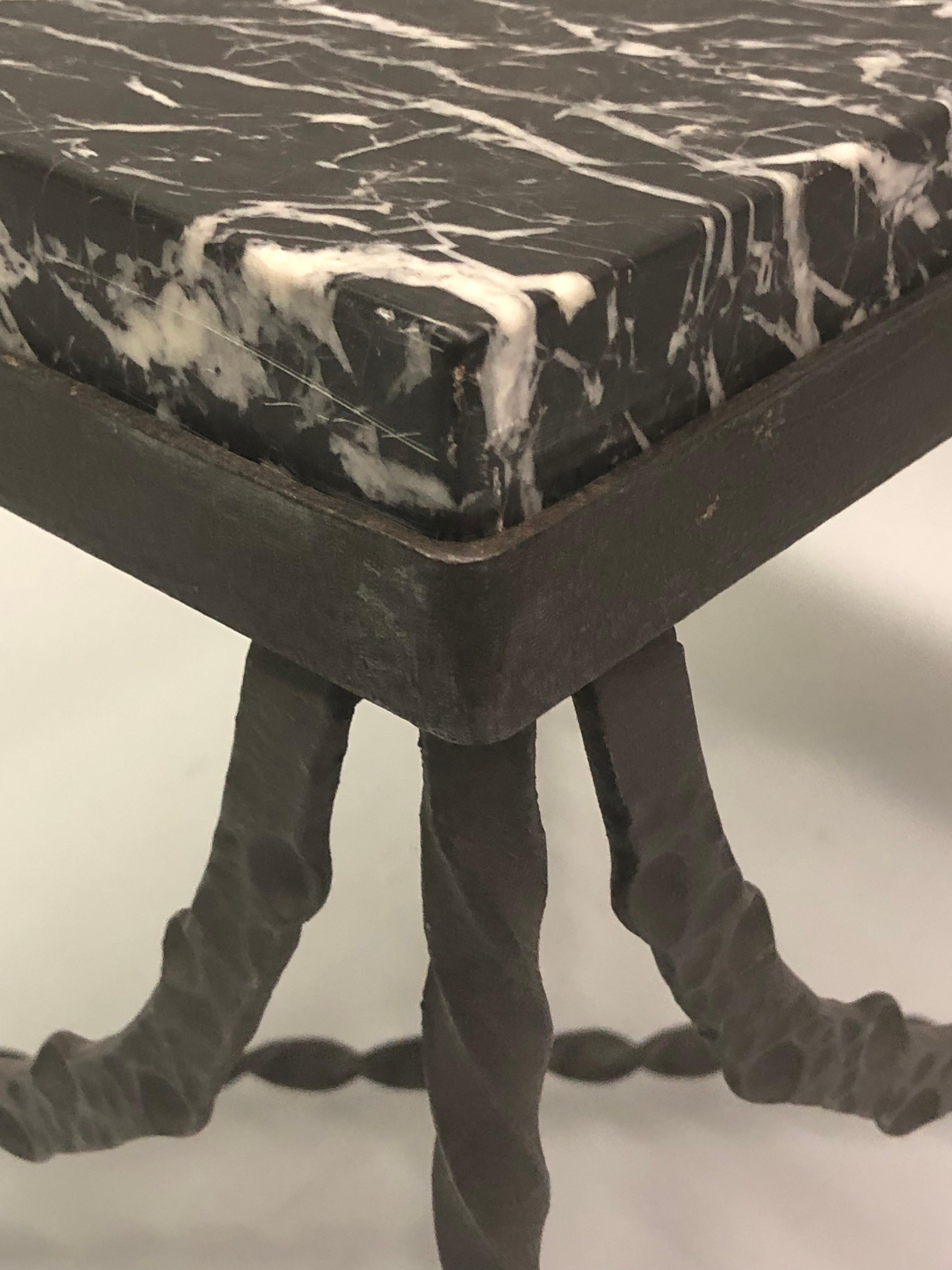 Pair of Wrought Iron and Black Marble Side/End/ Cocktail Tables, Edgar Brandt 1