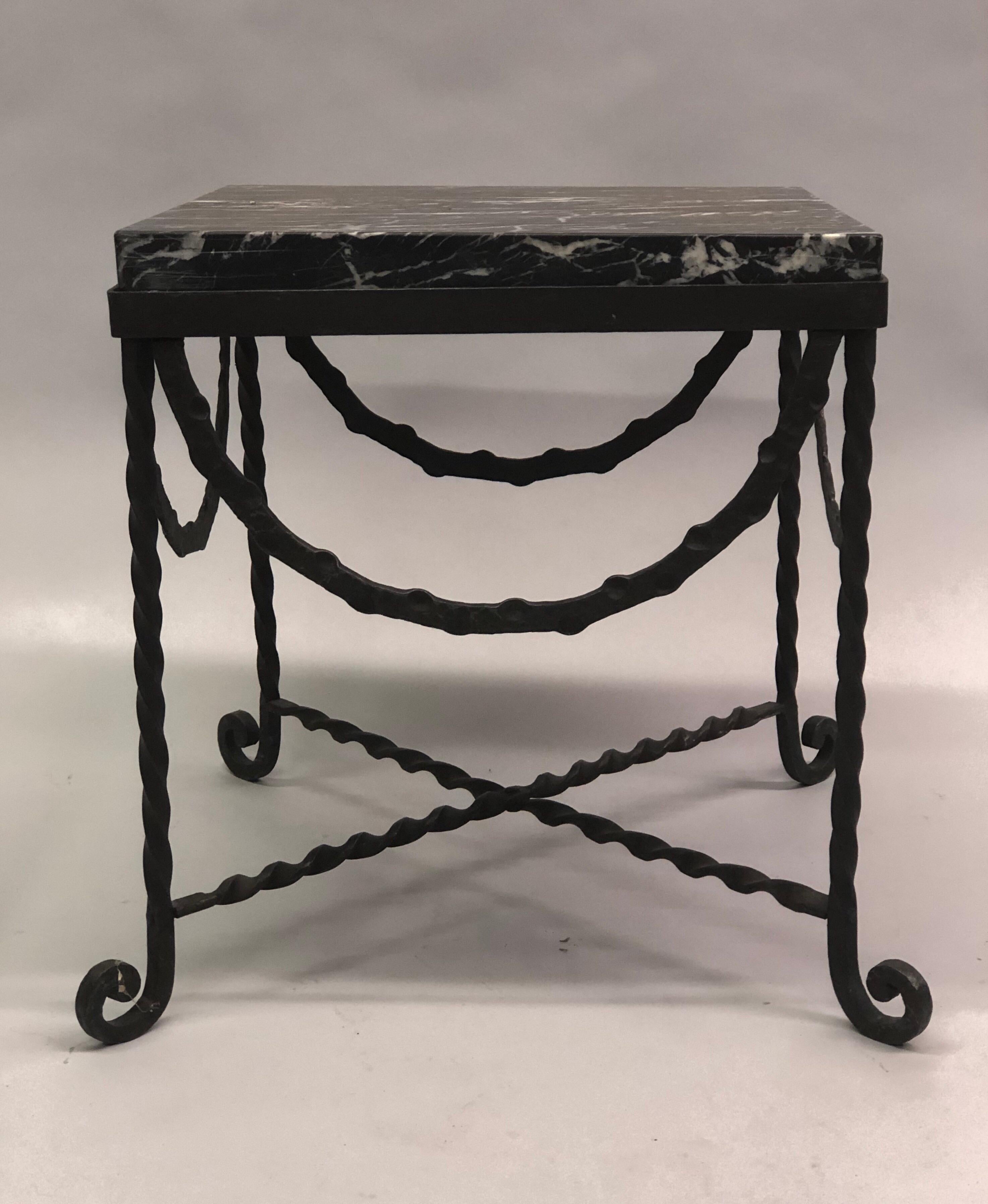 Art Deco Pair of Wrought Iron and Black Marble Side/End/ Cocktail Tables, Edgar Brandt