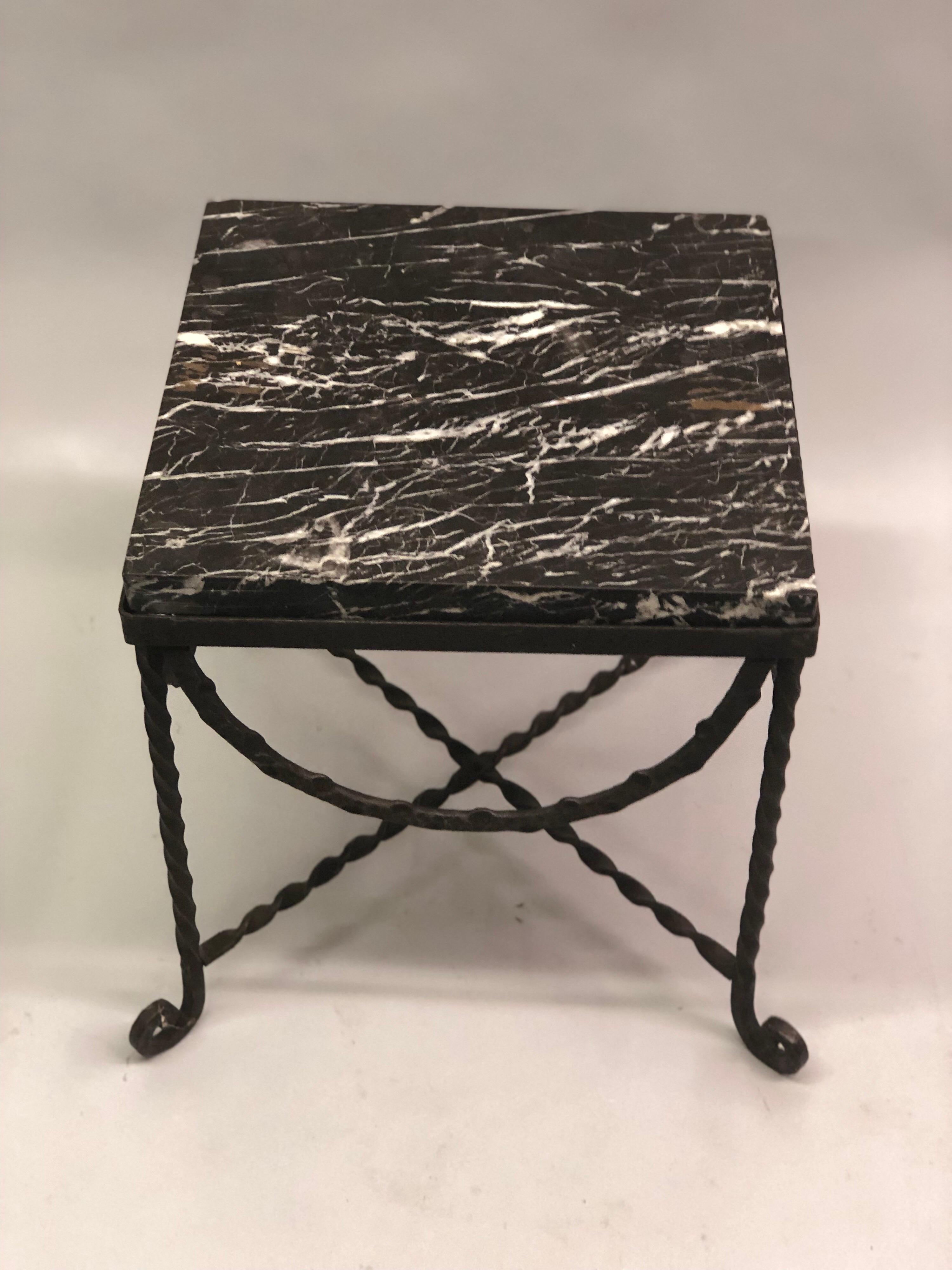 French Pair of Wrought Iron and Black Marble Side/End/ Cocktail Tables, Edgar Brandt