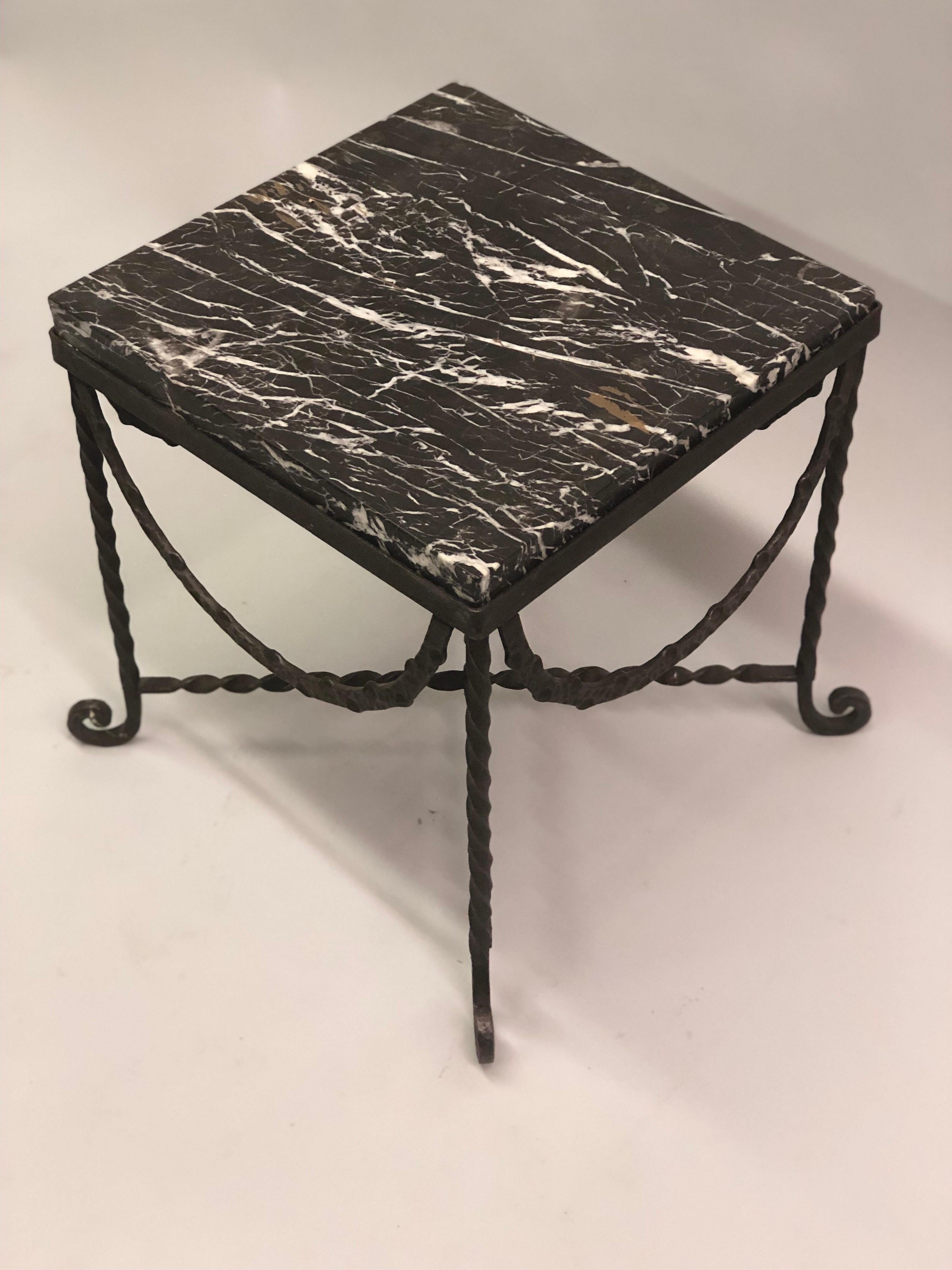 Pair of Wrought Iron and Black Marble Side/End/ Cocktail Tables, Edgar Brandt In Good Condition In New York, NY