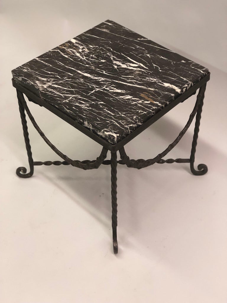 Pair of Wrought Iron and Black Marble Side/End/ Cocktail Tables, Edgar