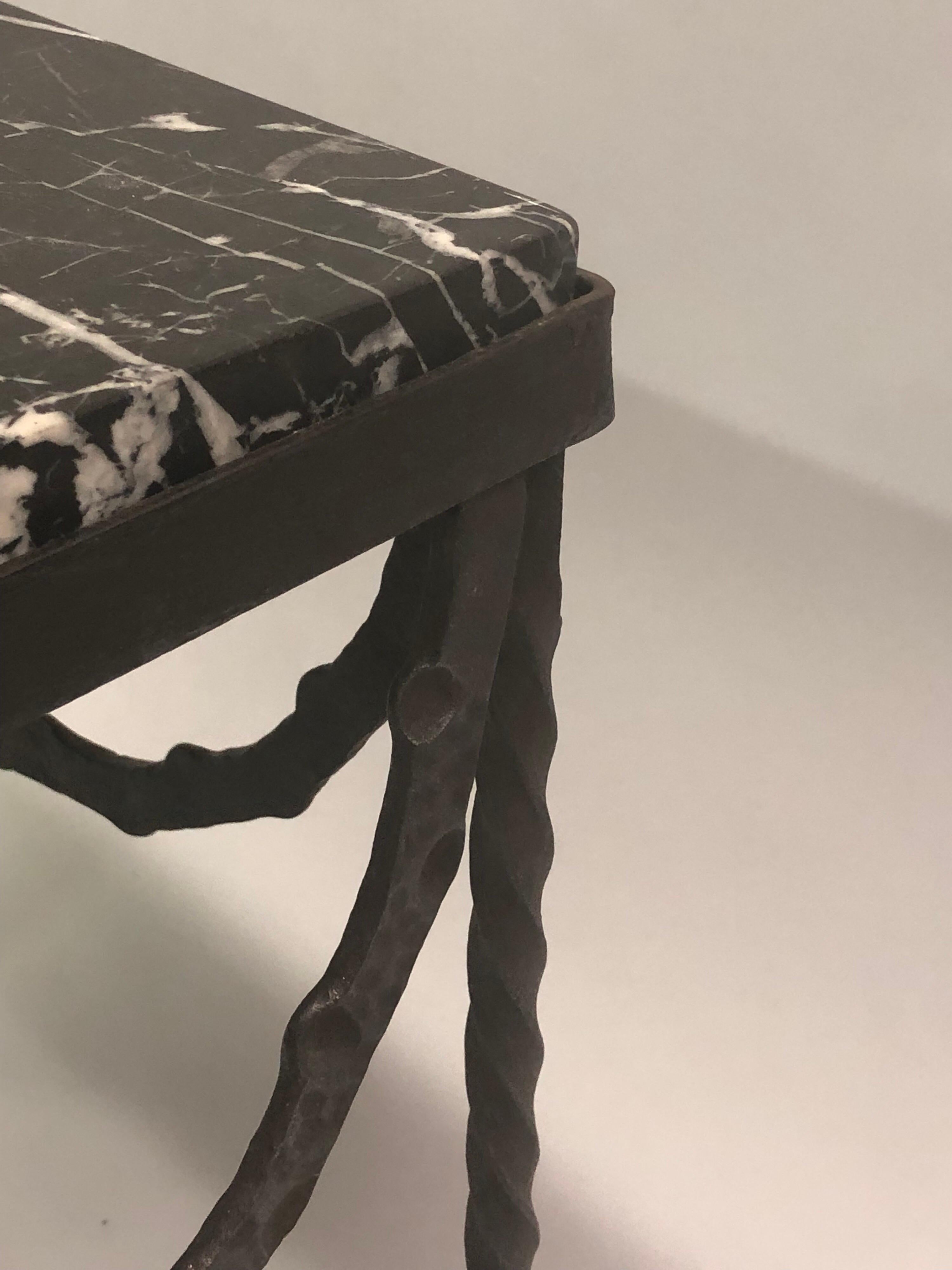 20th Century Pair of Wrought Iron and Black Marble Side/End/ Cocktail Tables, Edgar Brandt