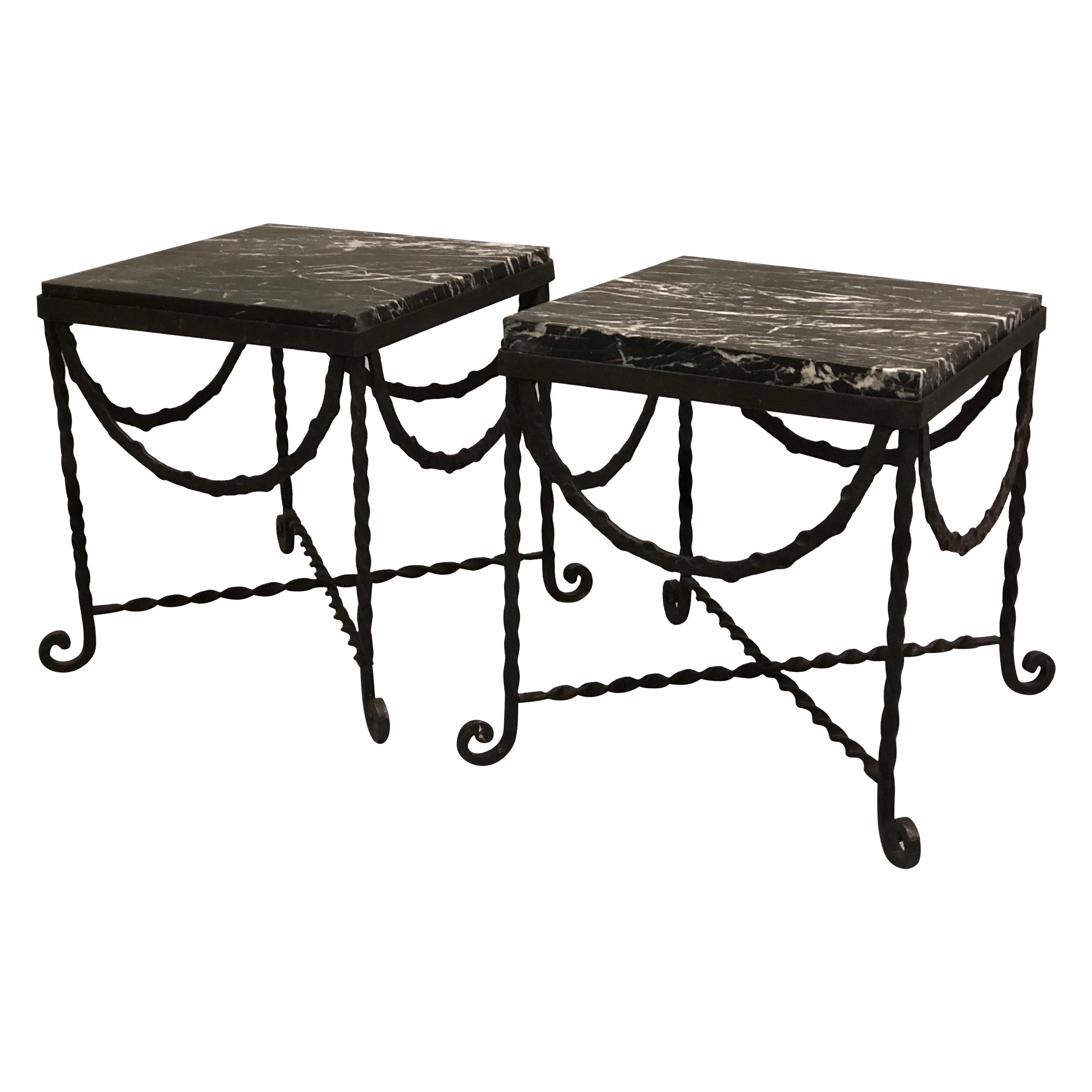 Pair of Wrought Iron and Black Marble Side/End/ Cocktail Tables, Edgar Brandt