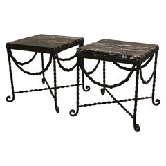 Vintage Pair of Wrought Iron and Black Marble Side/End/ Cocktail Tables, Edgar Brandt