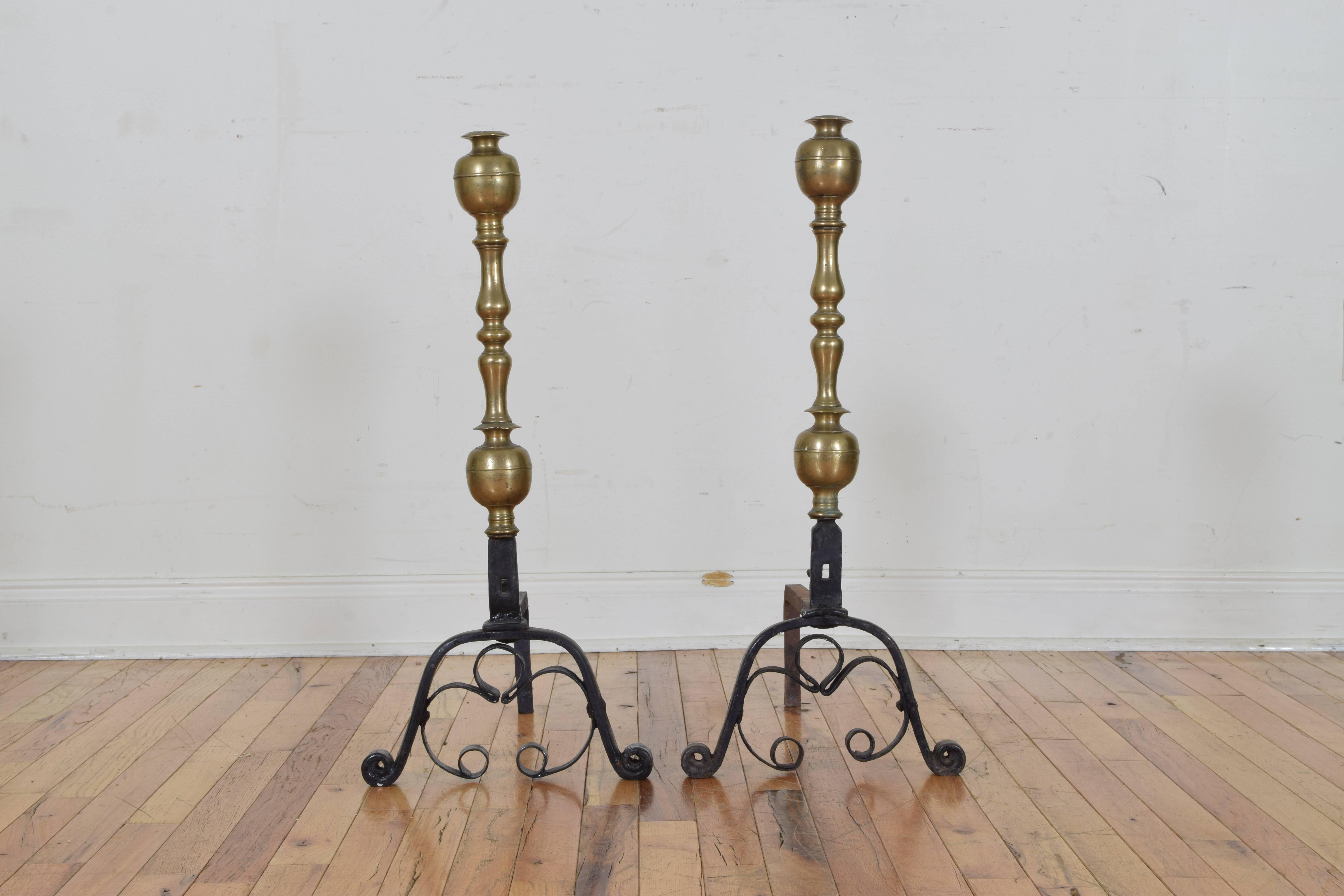 Louis XIII Pair of French Wrought Iron Turned Brass Andirons from the Early 18th Century