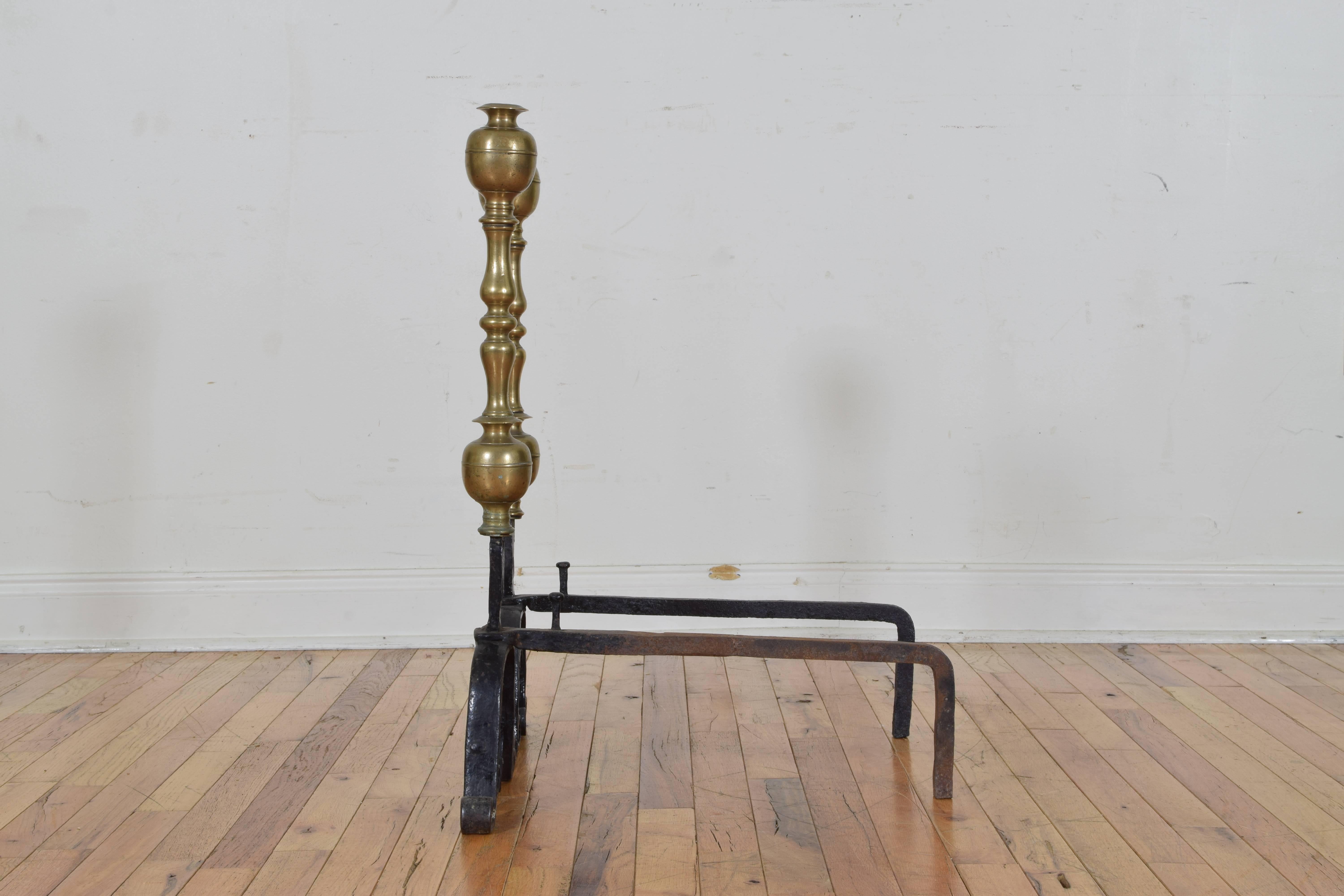 Pair of French Wrought Iron Turned Brass Andirons from the Early 18th Century In Good Condition In Atlanta, GA