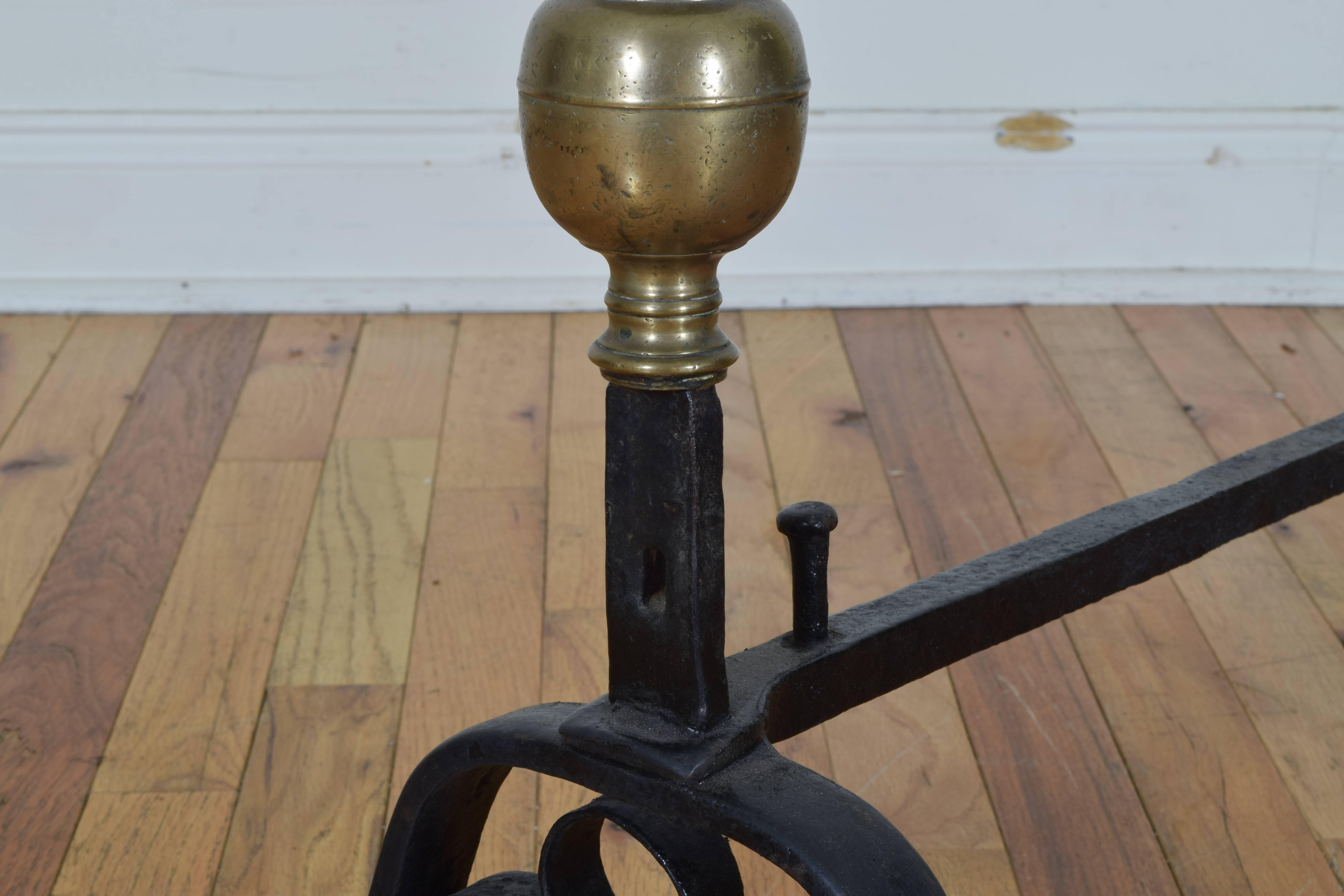 Pair of French Wrought Iron Turned Brass Andirons from the Early 18th Century 2