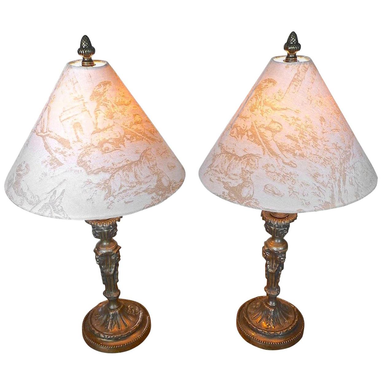 Pair French XIX Bronze Candlesticks Converted into Table Lamps with New Shades