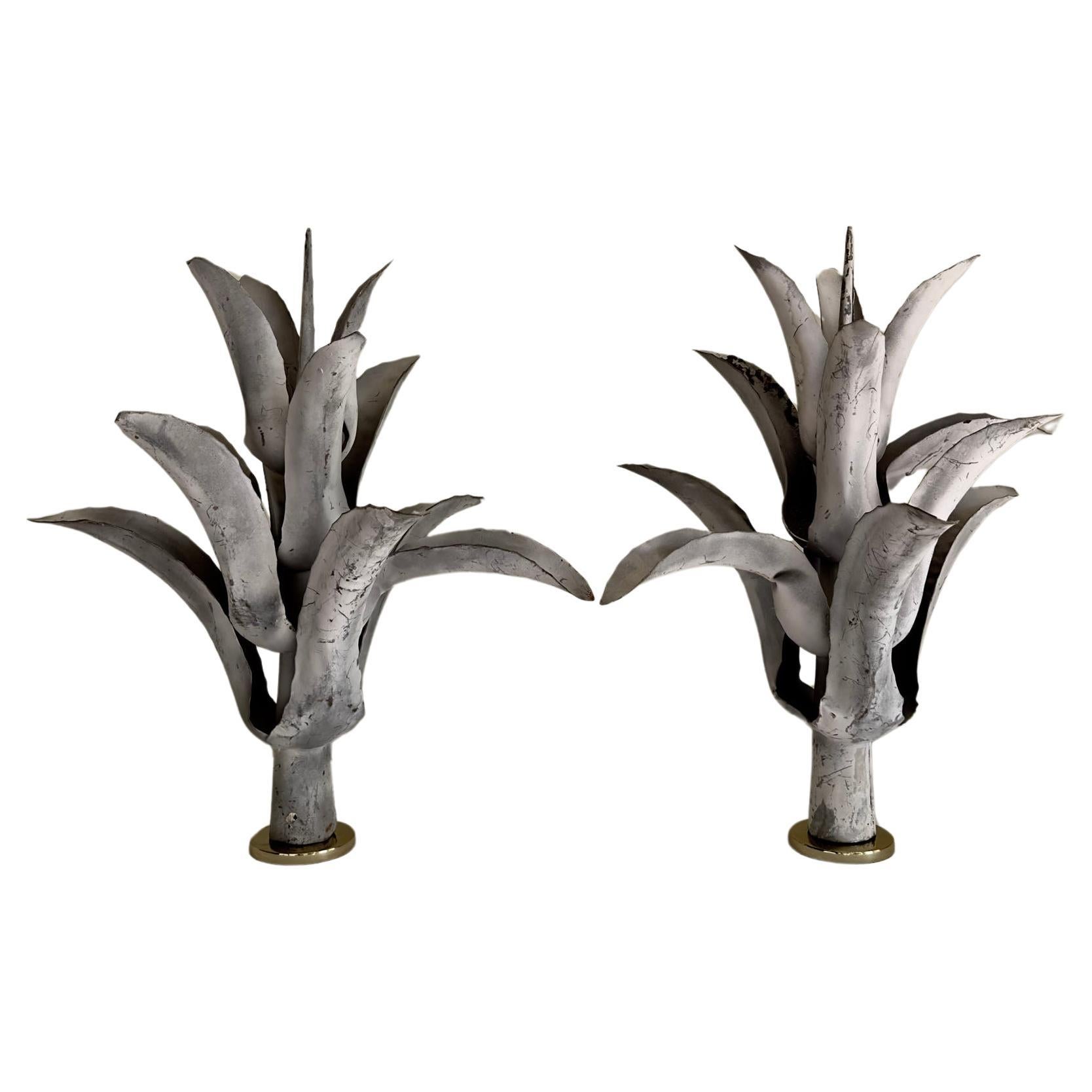 Pair French Zinc Agave Plant Specimen Sculptures