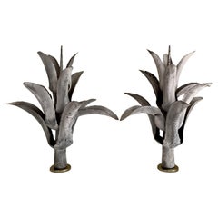 Paire de sculptures spécimen de plantes d'agave en zinc français