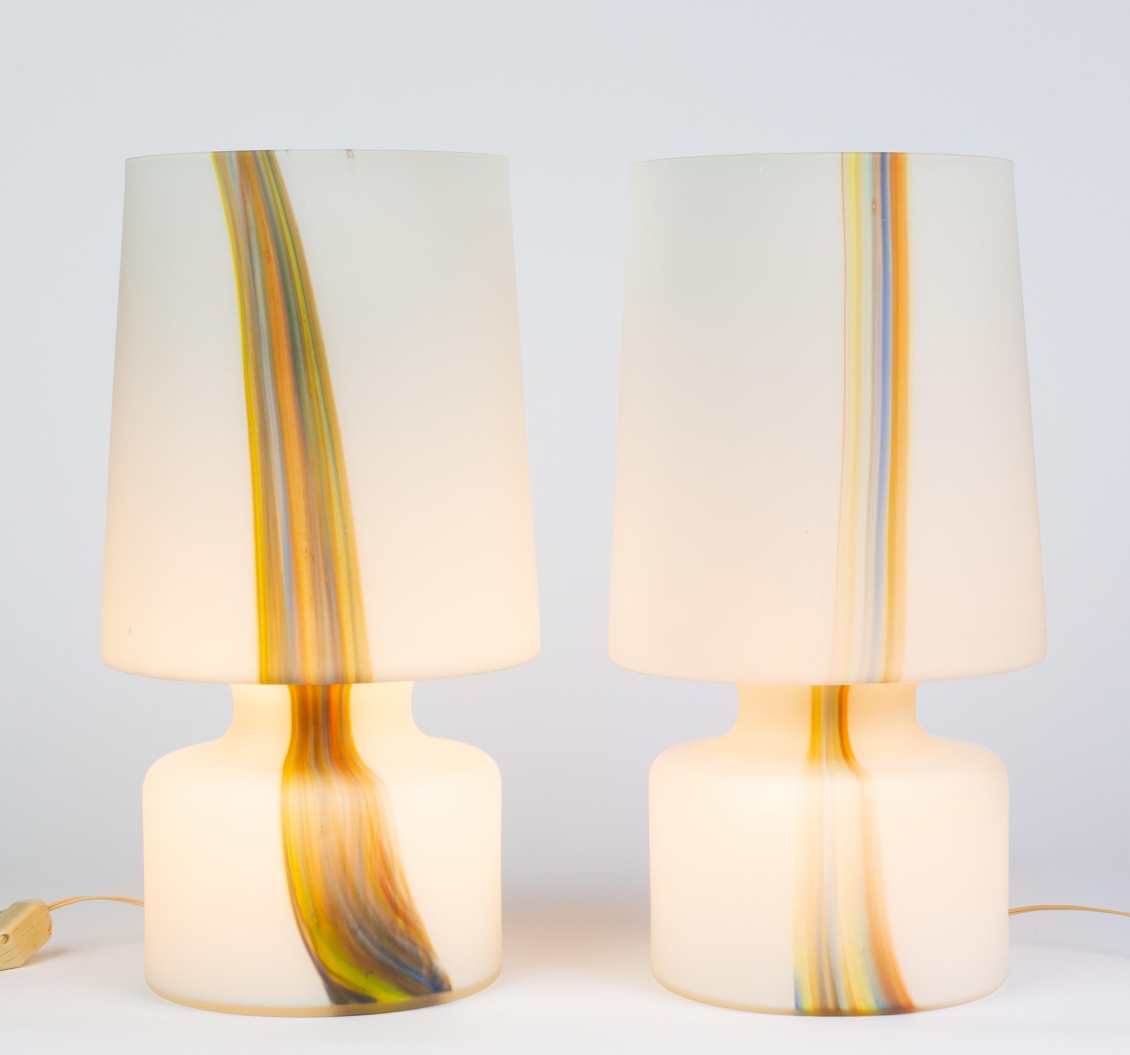 Italian Pair of Laurel Lamp Co. Frosted Glass Lamps with Multi-Color Detail 