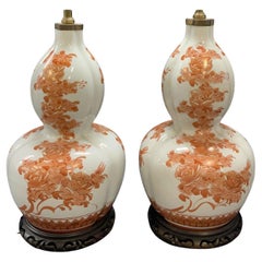 Antique Pair of Fujita Kutani Ceramic Hand Painted Floral Table Lamps, Japan