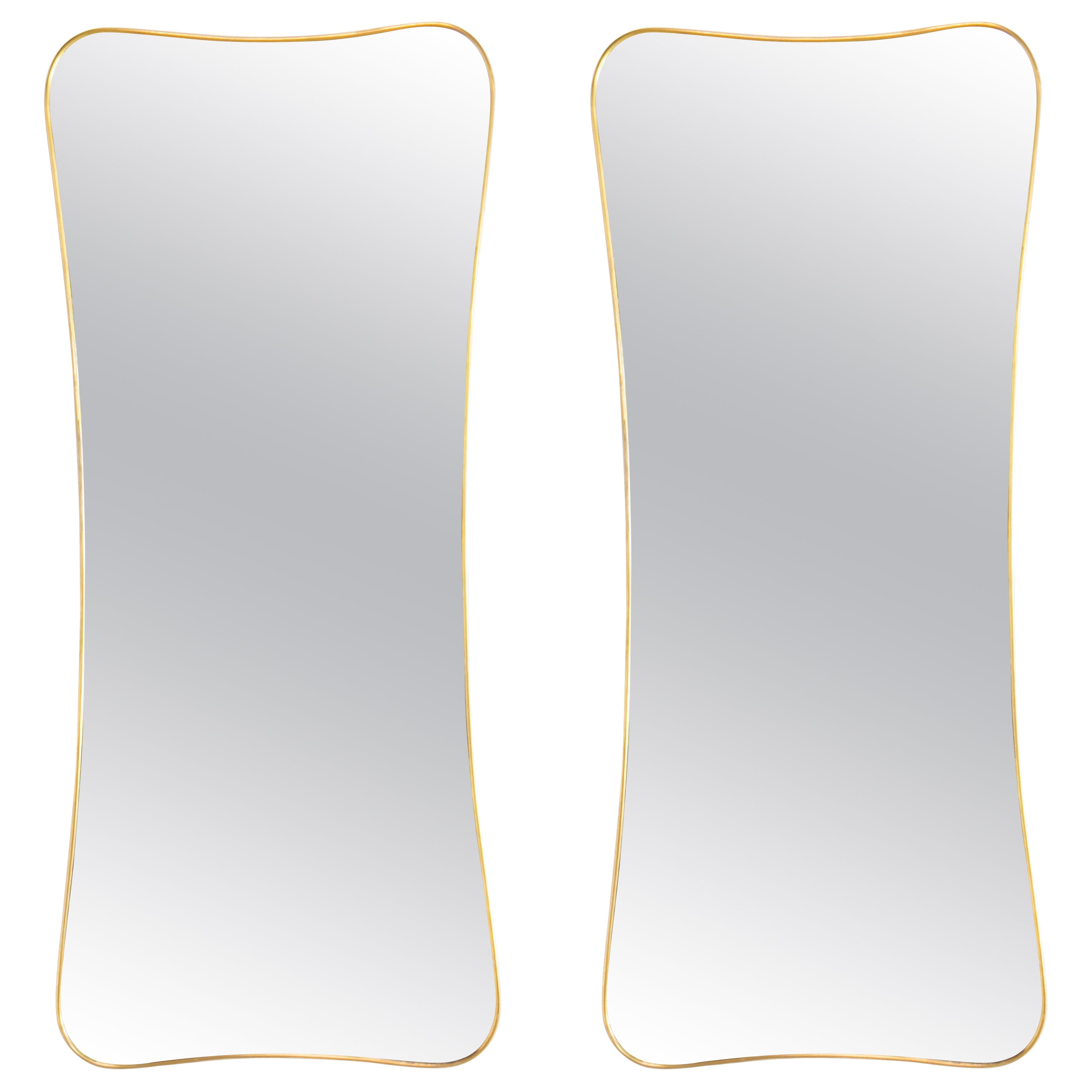Pair Full Standing Length Gio Ponti Attributed Brass Wall Mirrors, Italy 1950s